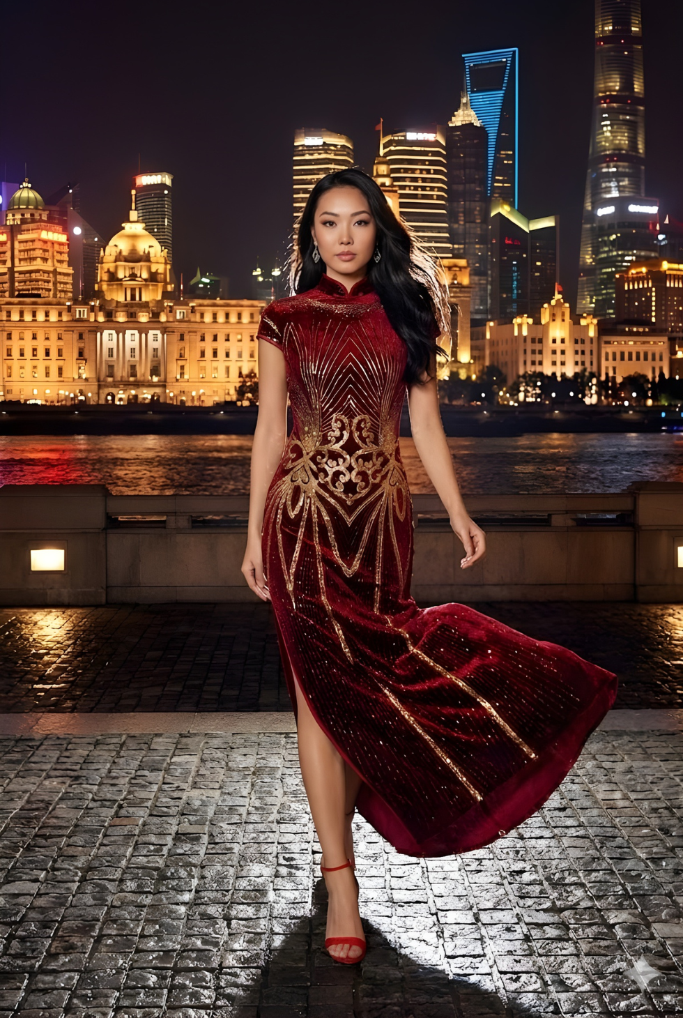 Red Burgundy Qipao real shooting 