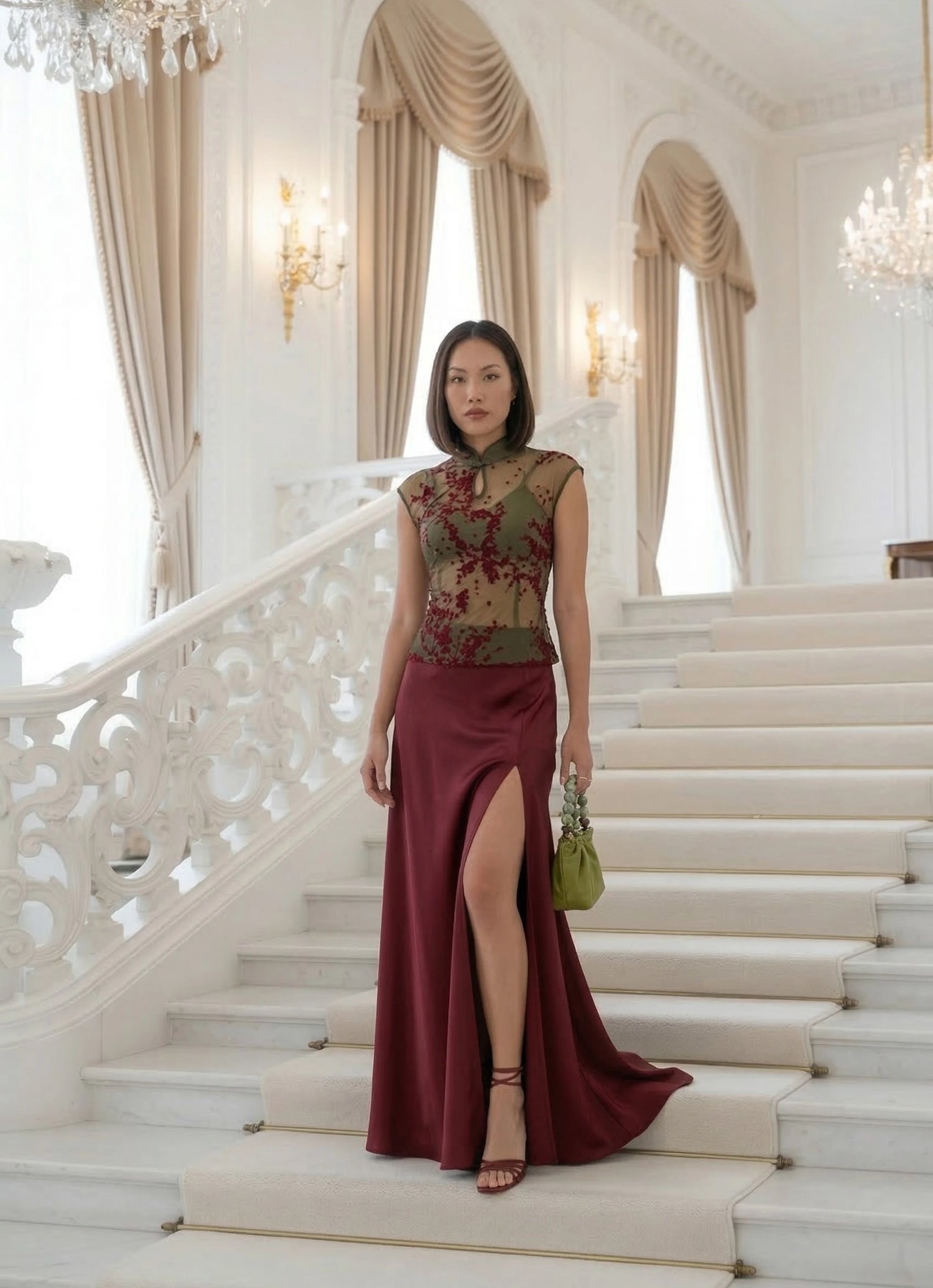 Jade Hua Ly CEO of maison hua showcasing a modern two-piece cheongsam ensemble by Maison Hua, featuring a sheer olive green top with burgundy floral embroidery and a matching long burgundy silk skirt with a high slit, standing on a grand white staircase