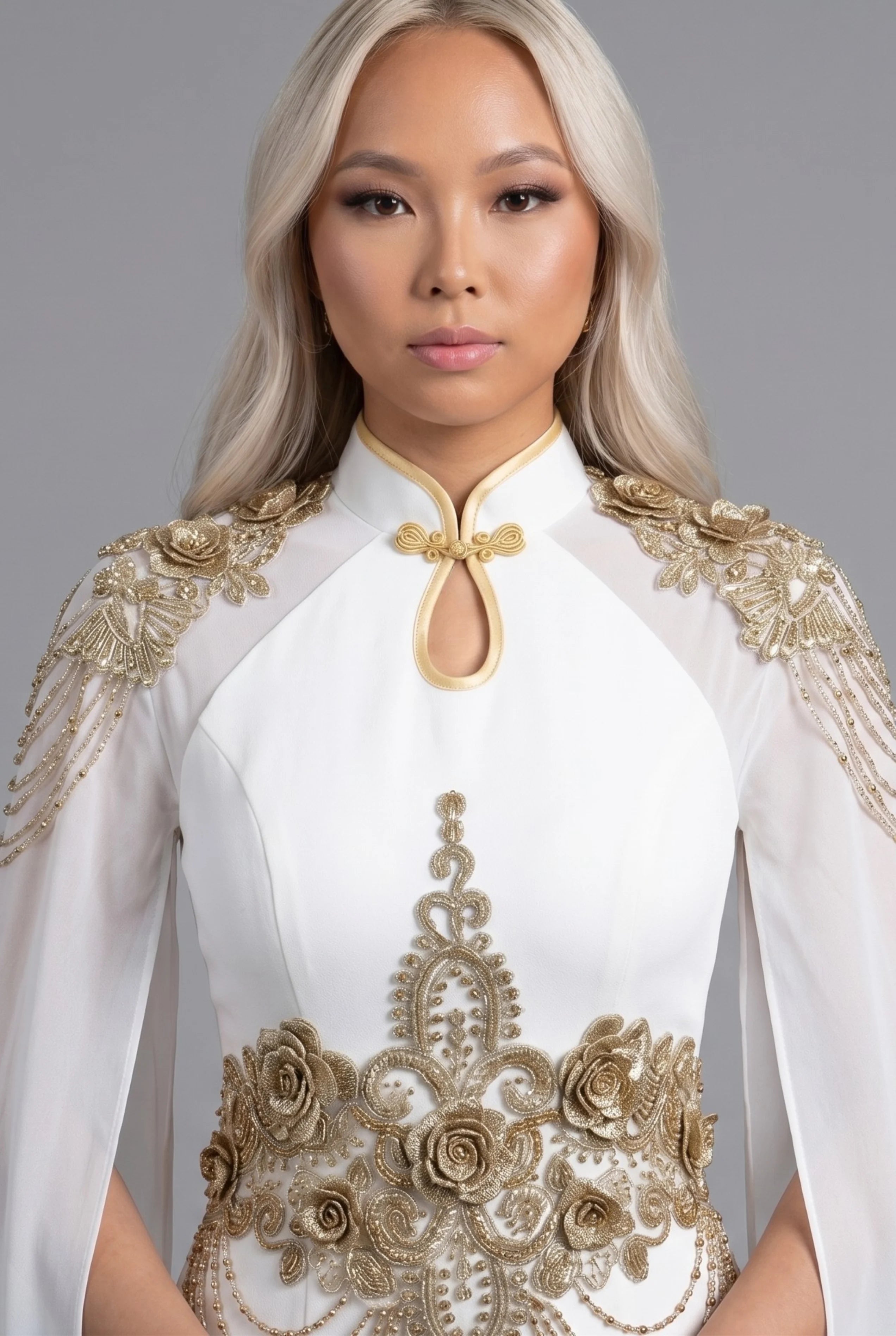 Close-up front view highlighting the high mandarin collar with a keyhole cut-out and intricate gold embroidery on the shoulders and waist