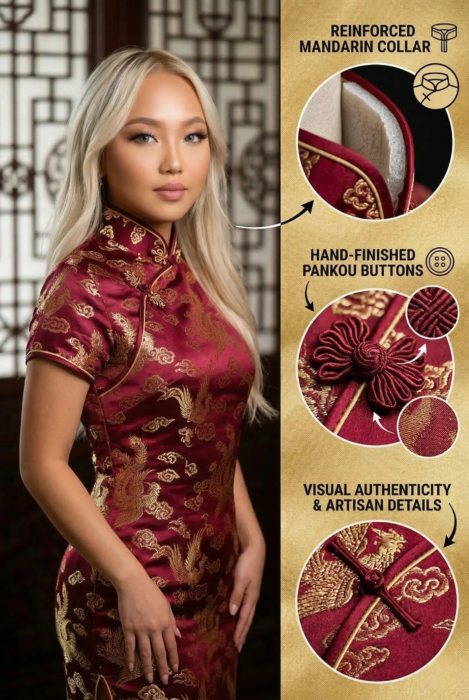 Infographic of an authentic burgundy cheongsam dress by Maison Hua, detailing the reinforced Mandarin collar and hand-finished Pankou buttons