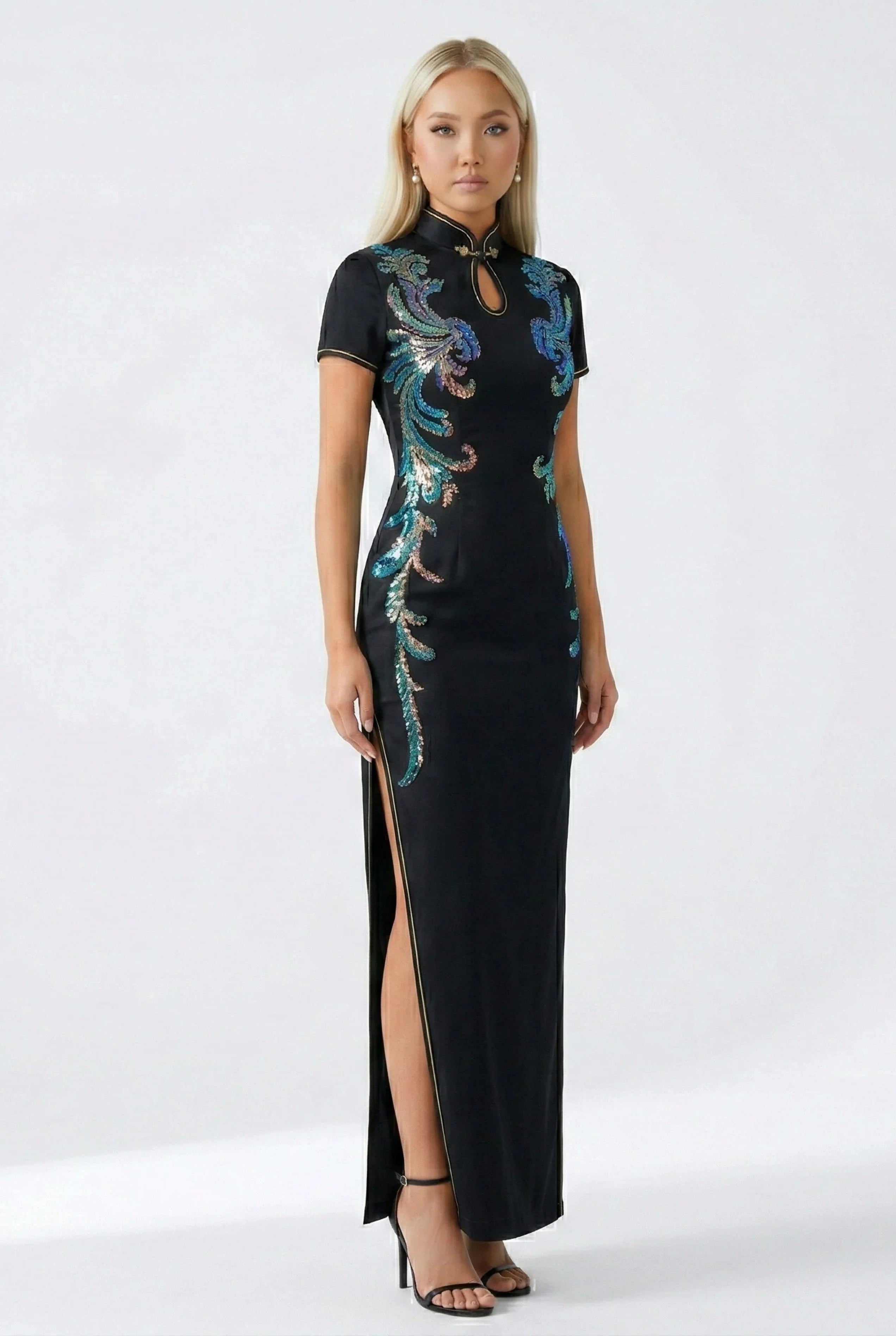 Maison Hua black modern qipao, side profile showing embroidery