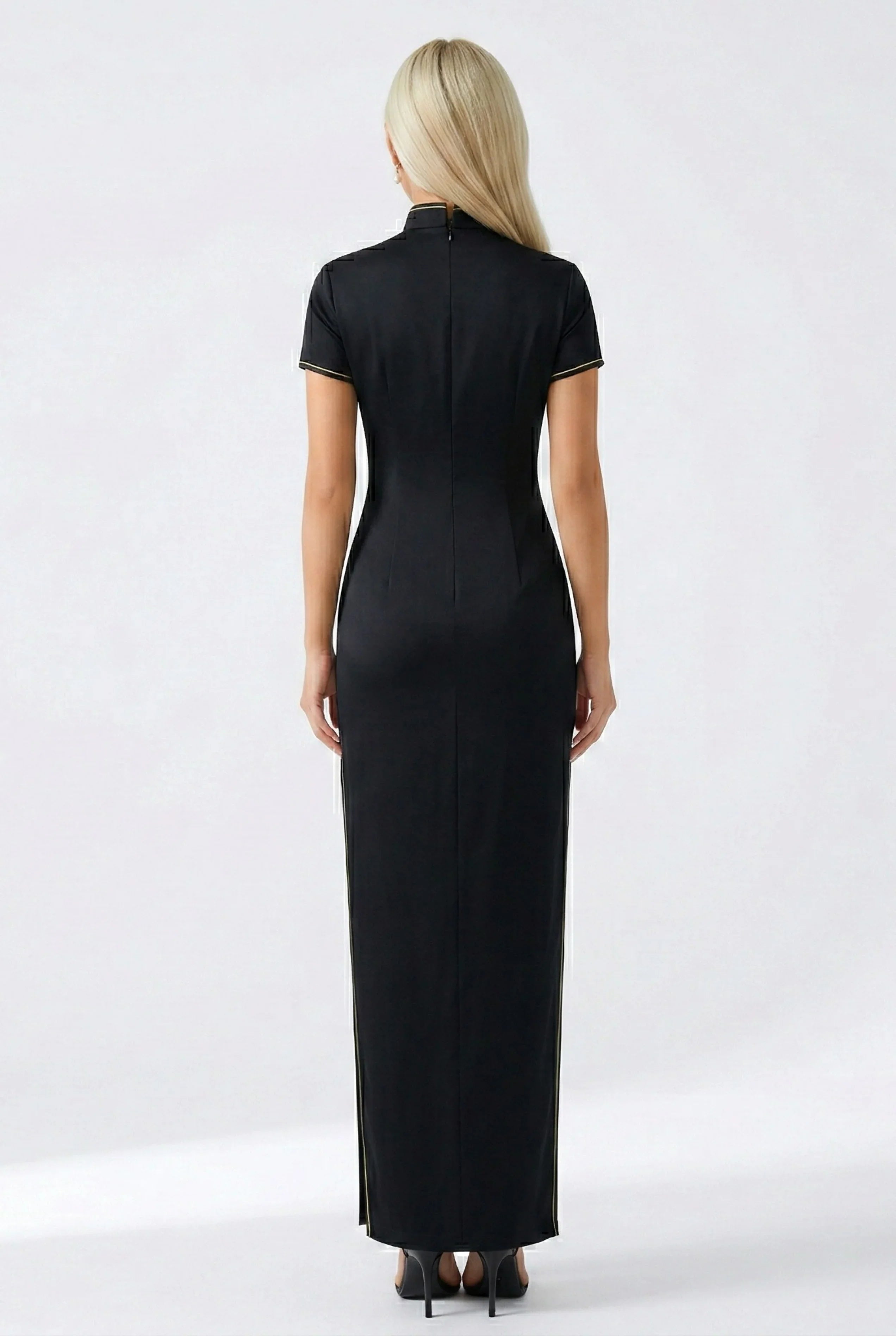 Maison Hua black silk cheongsam, full-length back view