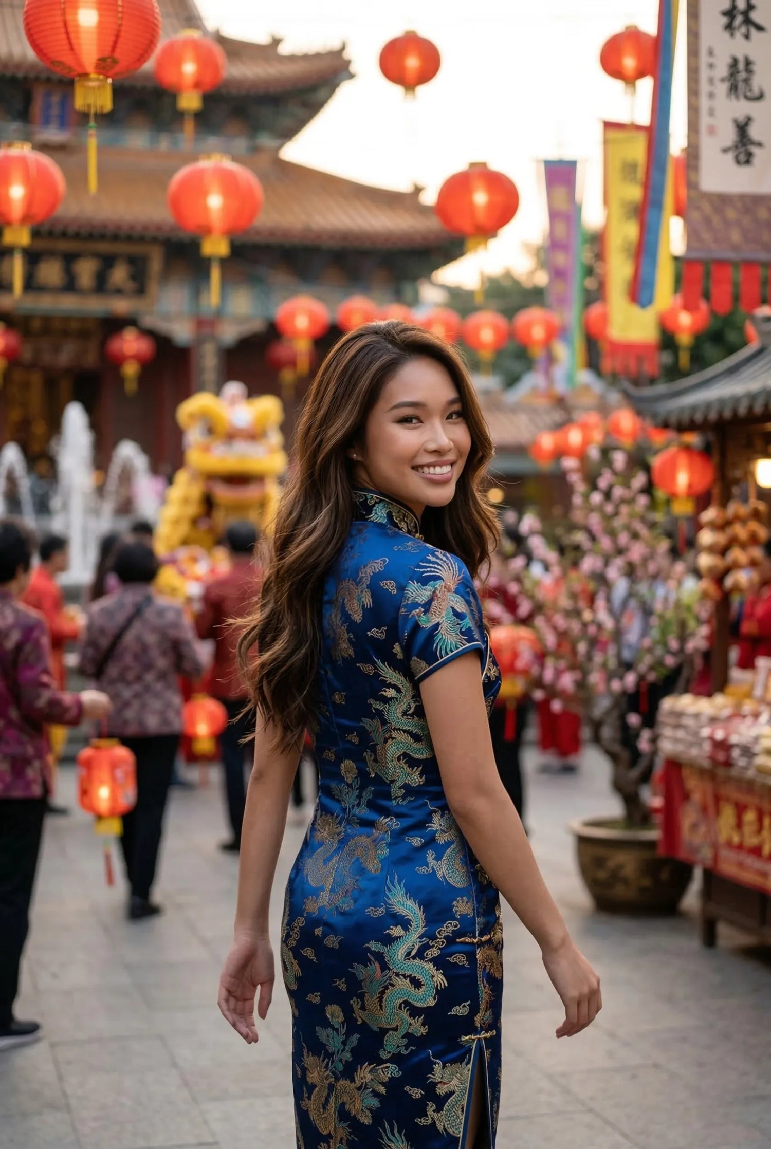 Blue Chinese New Year cheongsam with gold dragon embroidery and a straight-line silhouette, made from heavy brocade for festive Spring Festival receptions by Maison Hua