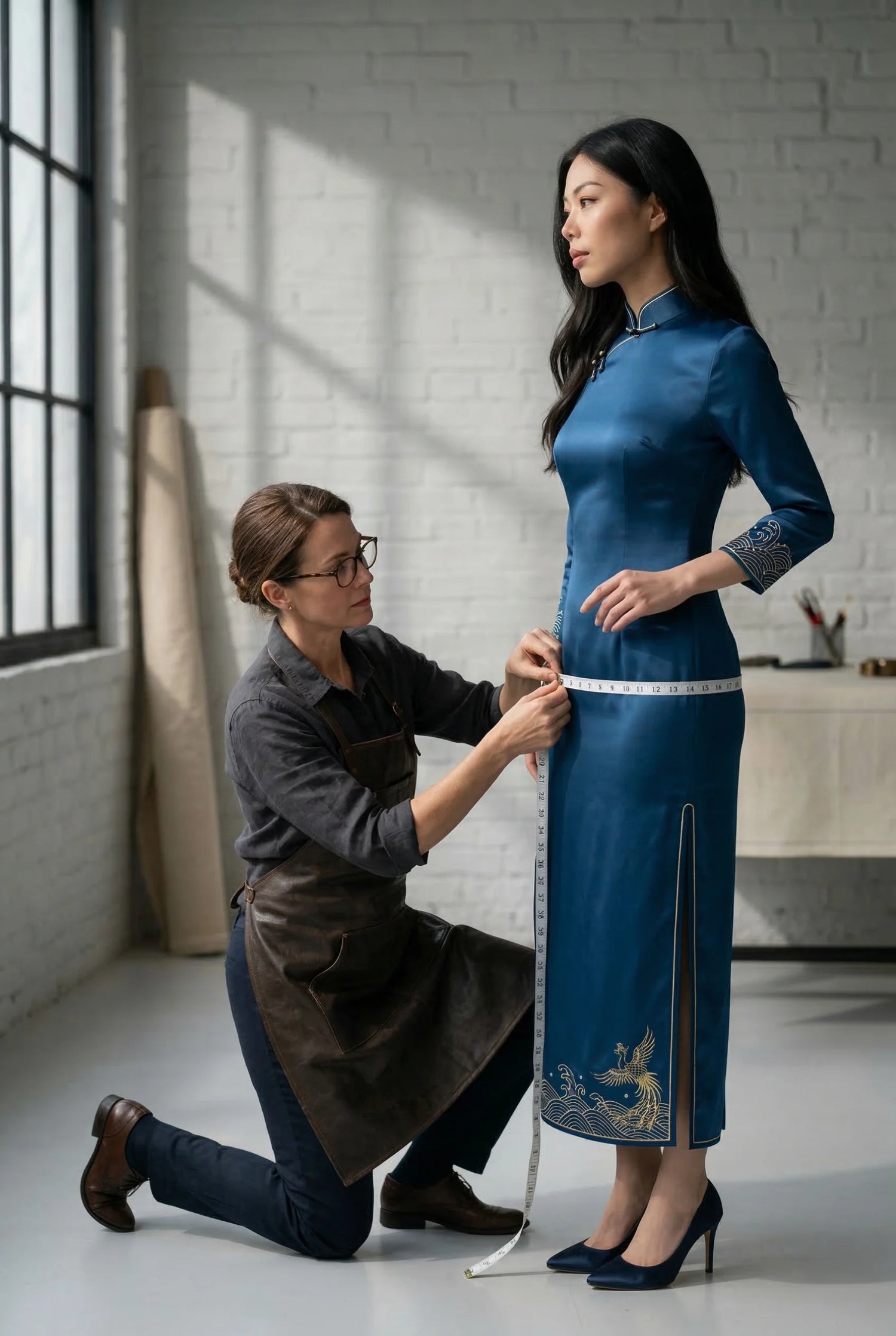 Professional tailor measuring a long blue silk qipao on a model to demonstrate precise fitting for non-stretch heritage textiles by Maison Hua