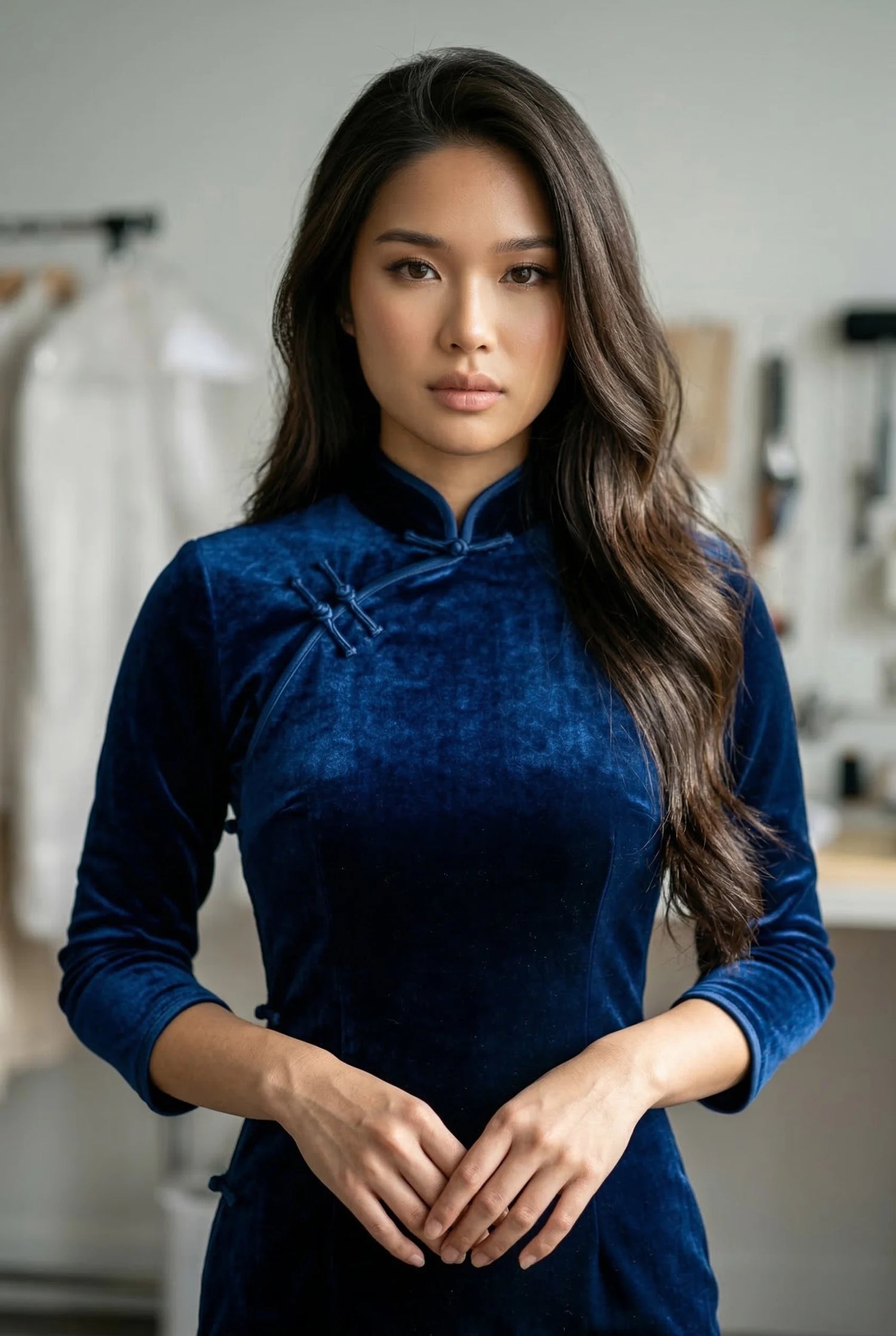 Elegant blue velvet cheongsam by Maison Hua, demonstrating the rich pile texture and highlighting maintenance tips for heritage-grade velvet garments