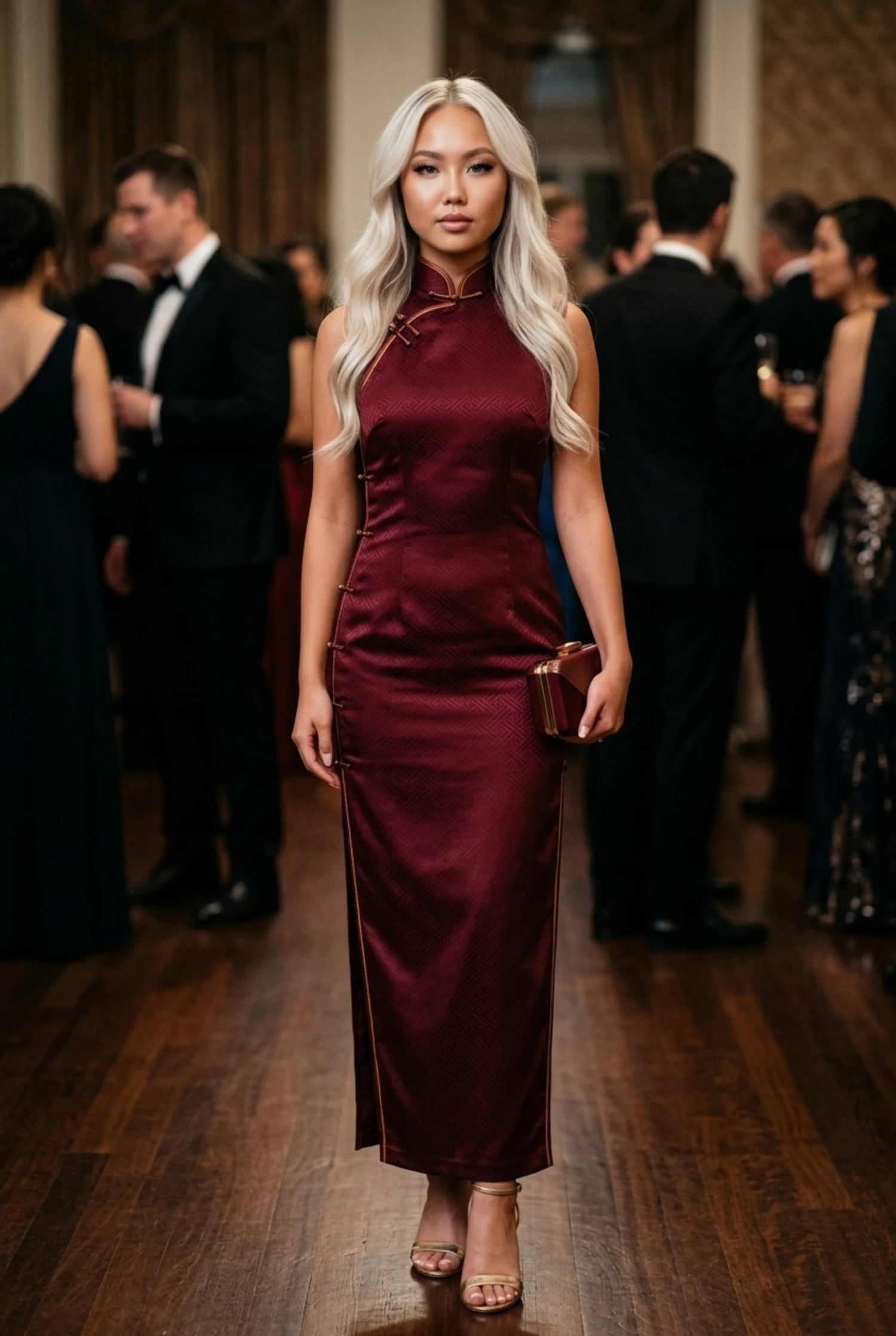 Elegant burgundy chinese evening gown with a professional qipao prom fit, featuring high-density heritage-grade fabric to prevent creasing, by Maison Hua