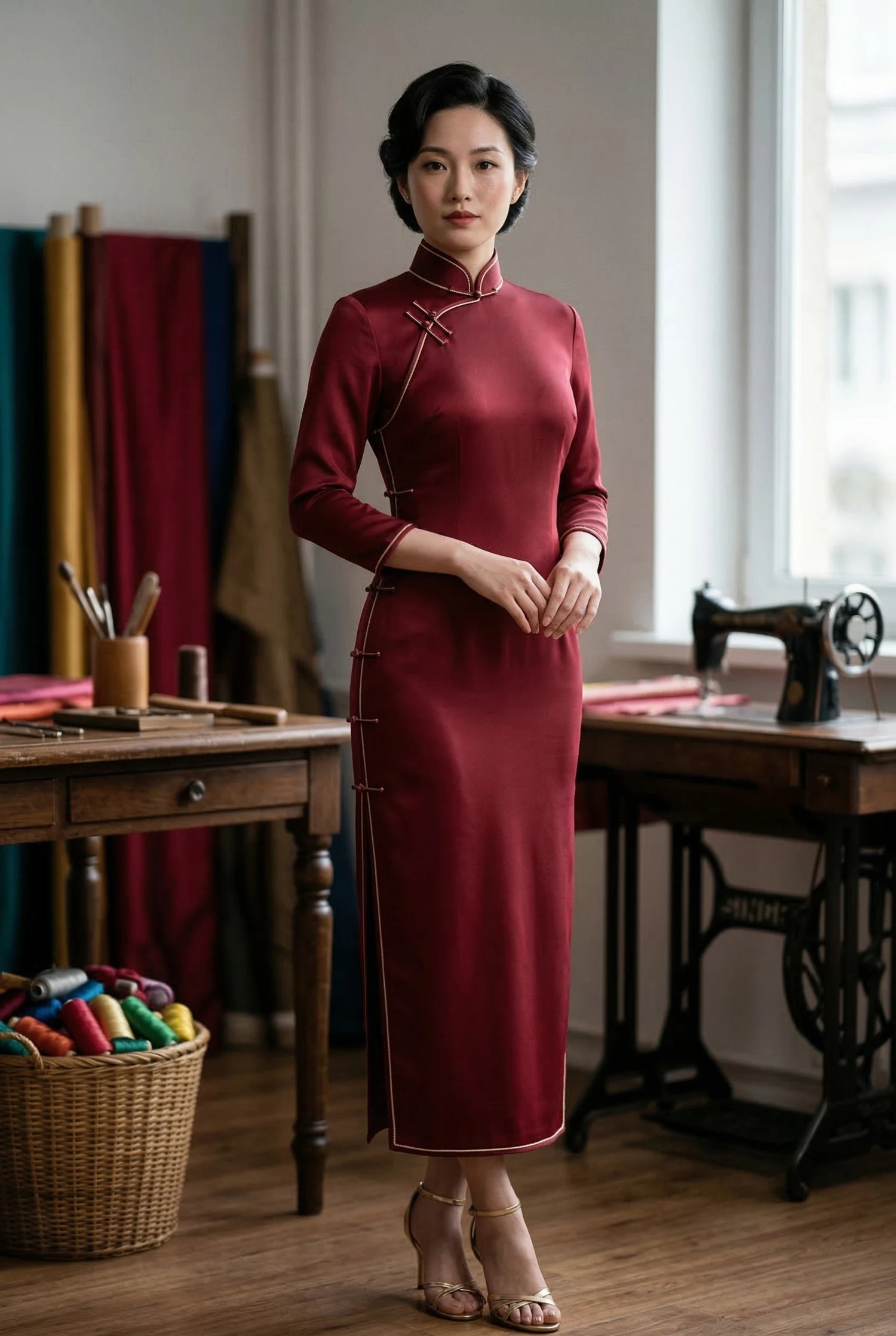 Elegantly styled burgundy long-sleeve chinese prom dress with an asymmetrical opening and Mandarin collar, showcased in a traditional tailoring workshop by Maison Hua