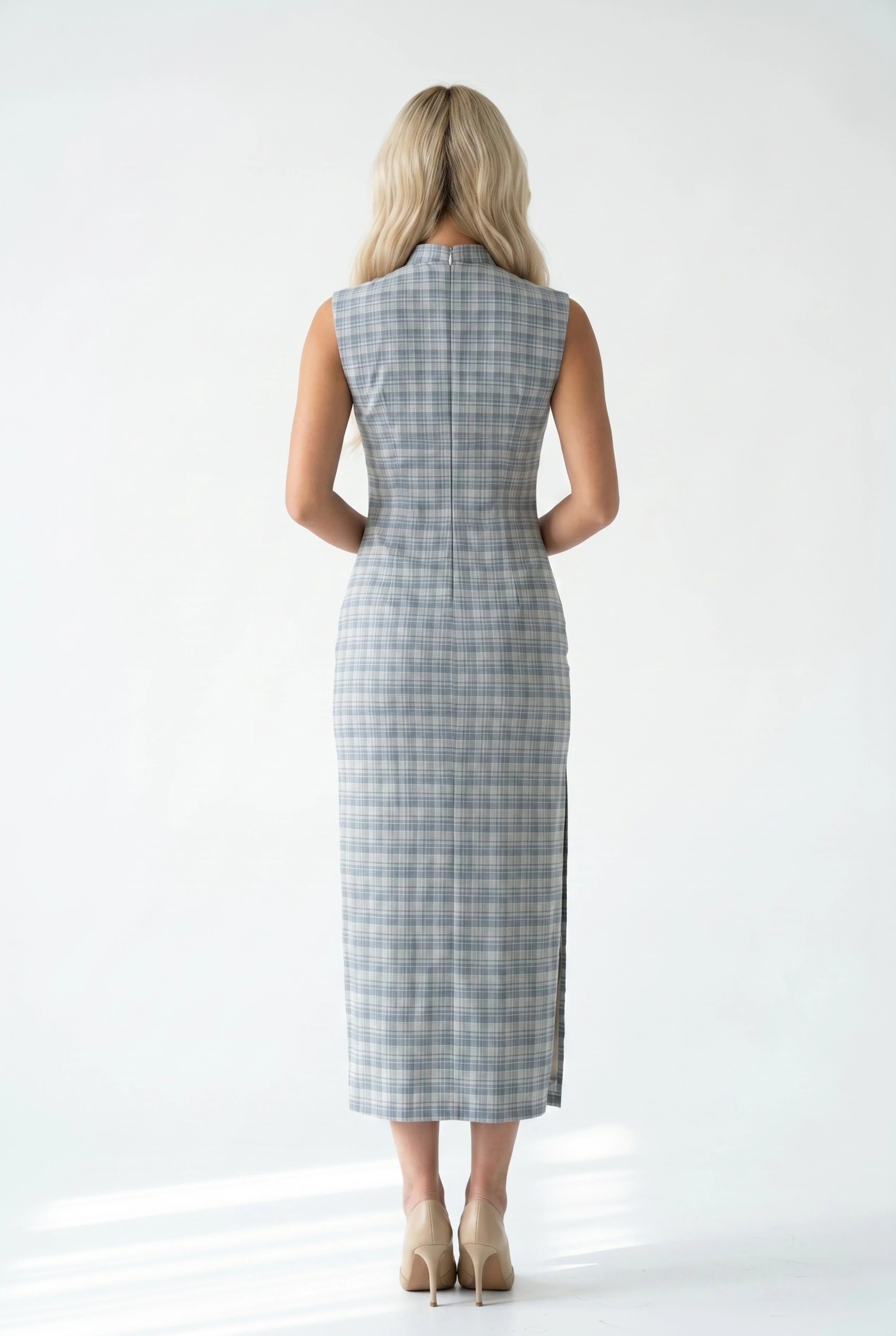 Full-length back view of the checkered cheongsam dress showing the tailored midi-length fit