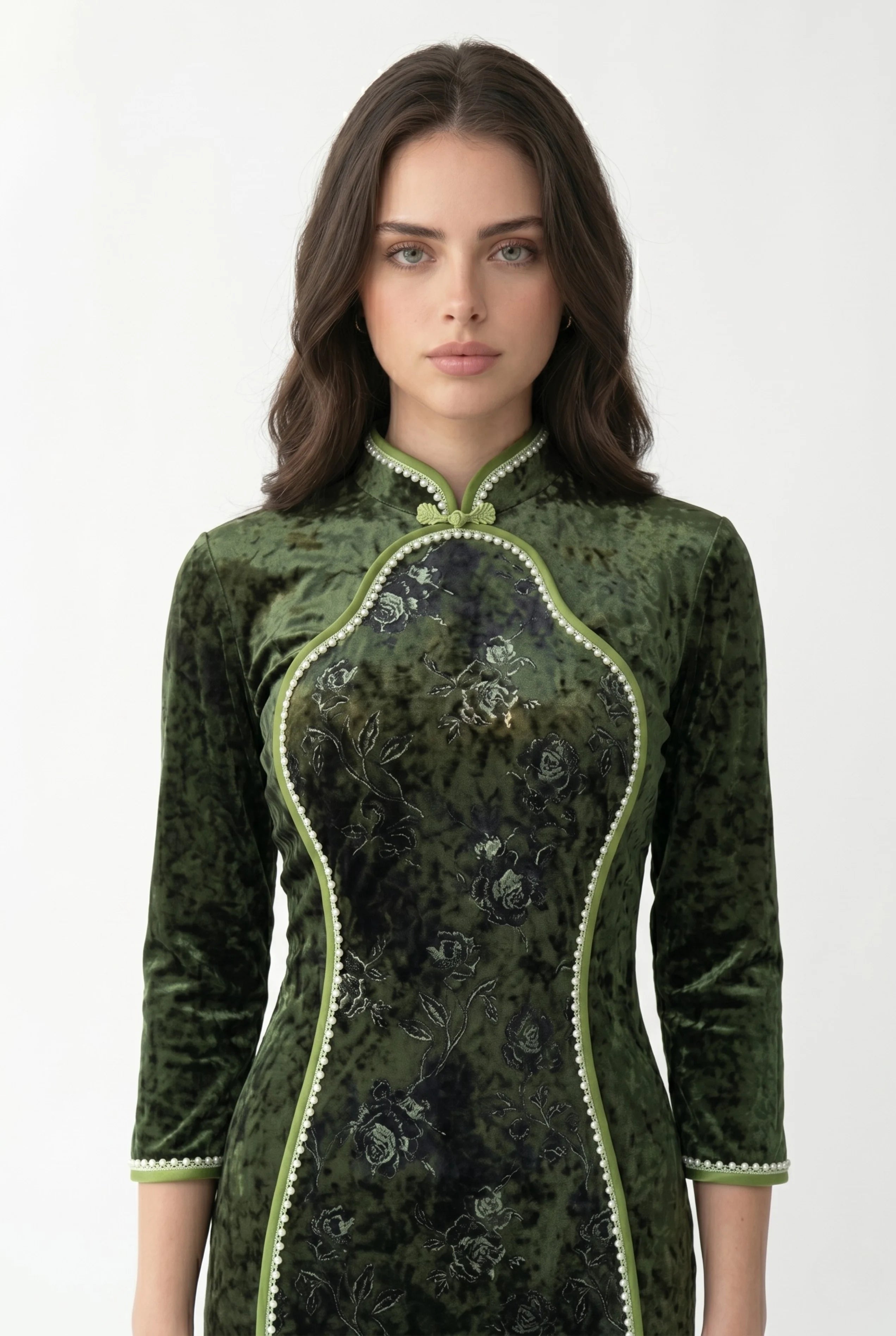 Close-up front view highlighting the mandarin collar, contrast piping details, and long sleeves of the olive velvet dress