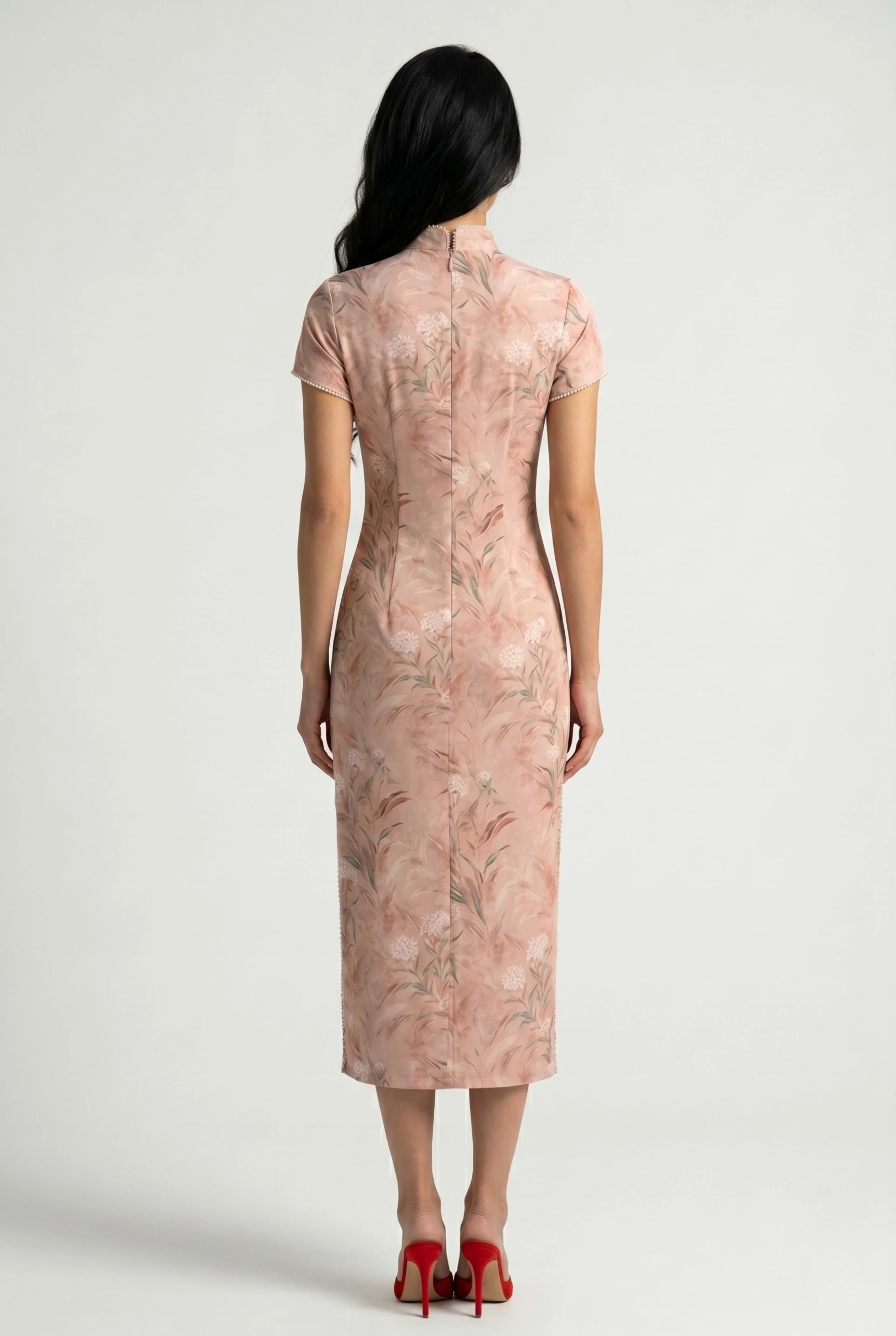 Full-length back view of the pink floral Chinese dress showing the tailored midi silhouette and short sleeves