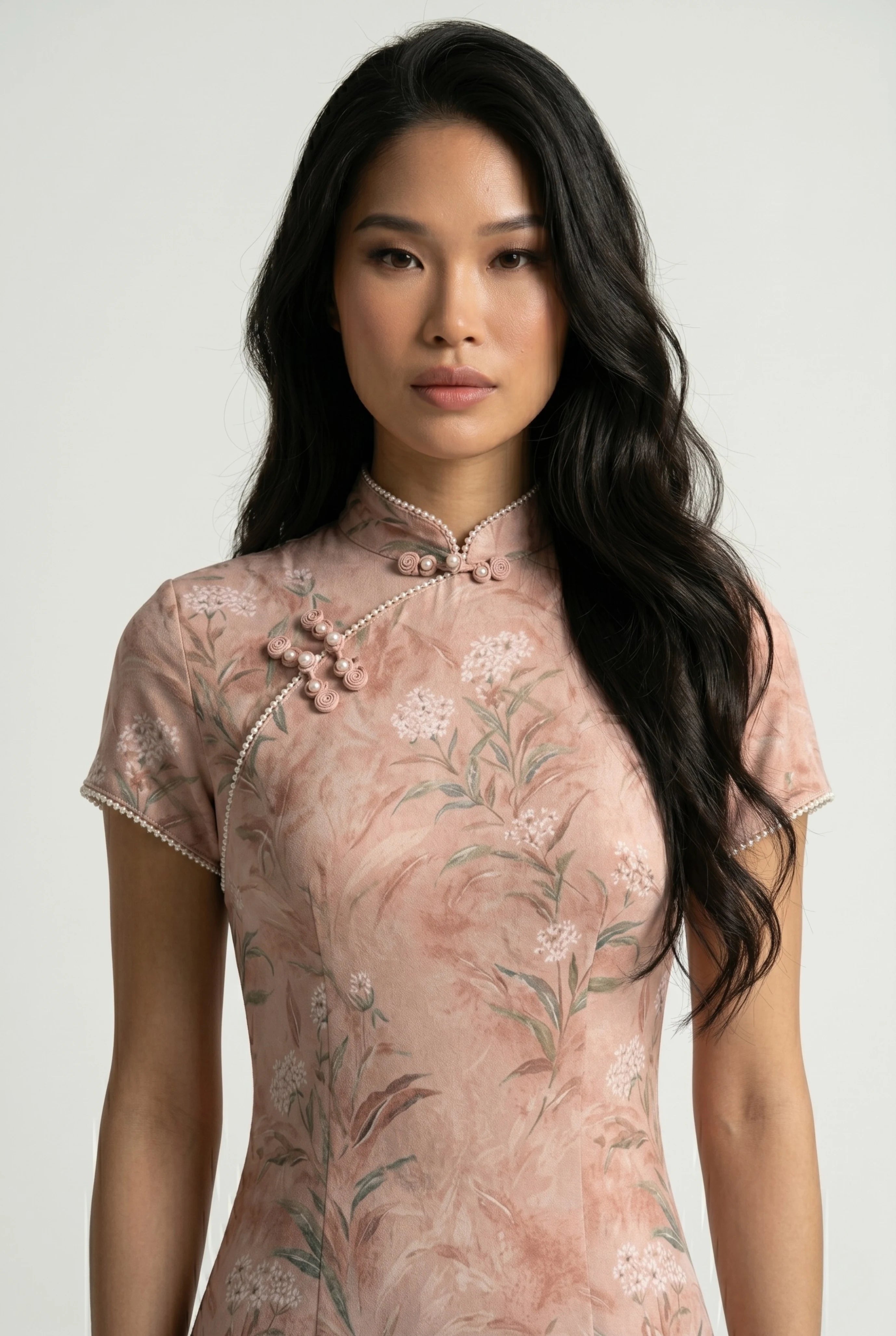 Close-up front view highlighting the high mandarin collar, asymmetrical frog closures, and soft floral print on the pink bodice