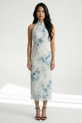 Front view of a sleeveless chinese floral pattern dress in blue and white.