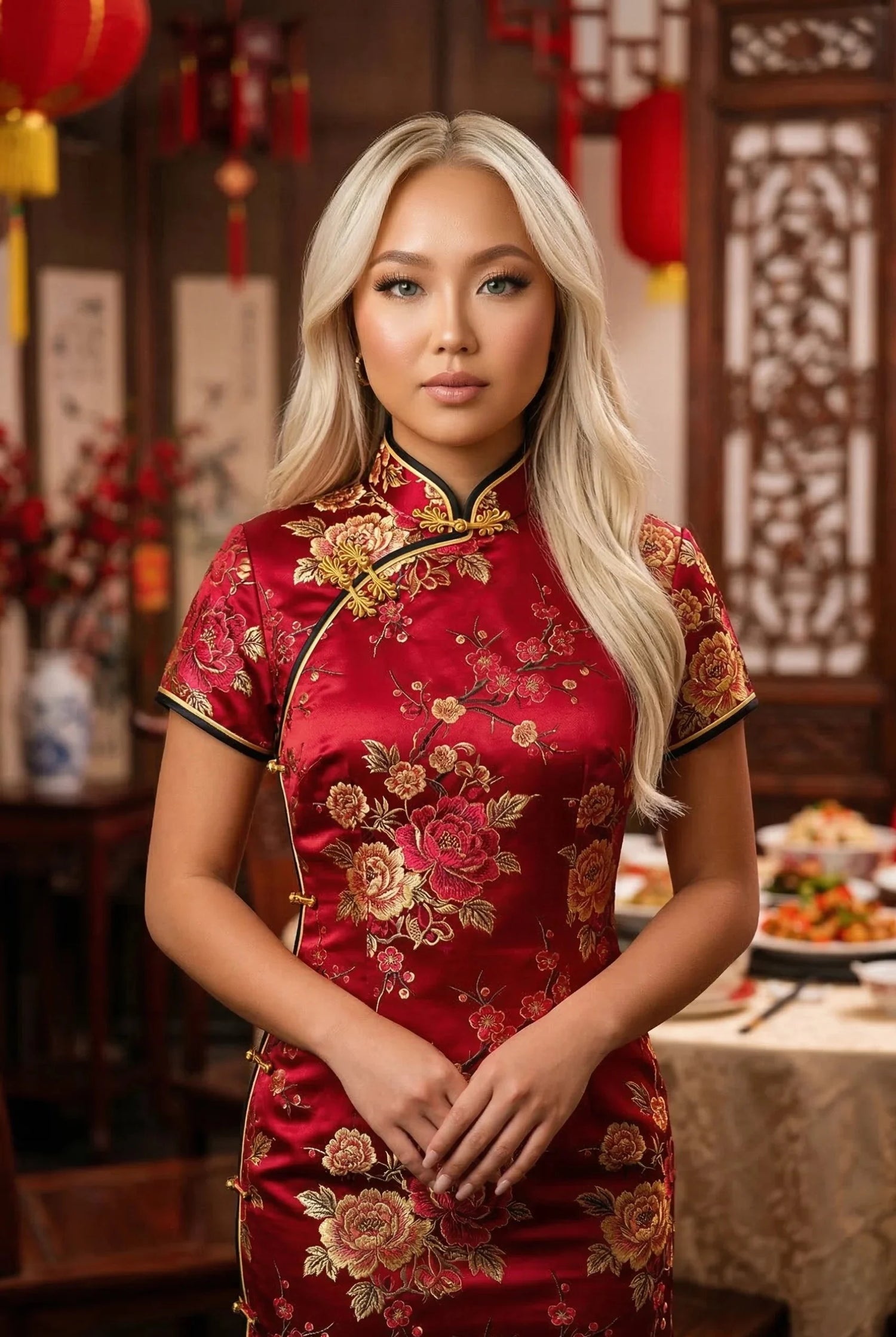 Model in a festive red and gold floral qipao by Maison Hua, demonstrating poised posture and the Two-Finger Rule for collar etiquette and heritage garment care