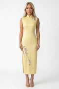 Front full-length view of a sleeveless yellow Chinese qipao dress featuring delicate purple floral embroidery