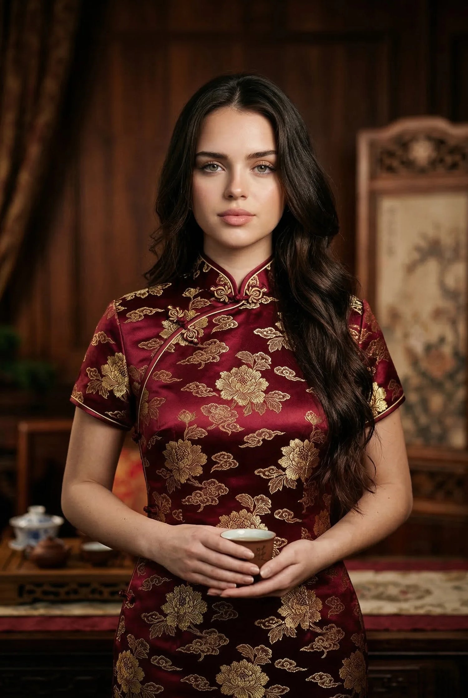 Authentic burgundy and gold floral qipao dress by Maison Hua, perfect for a traditional Chinese tea ceremony or wedding