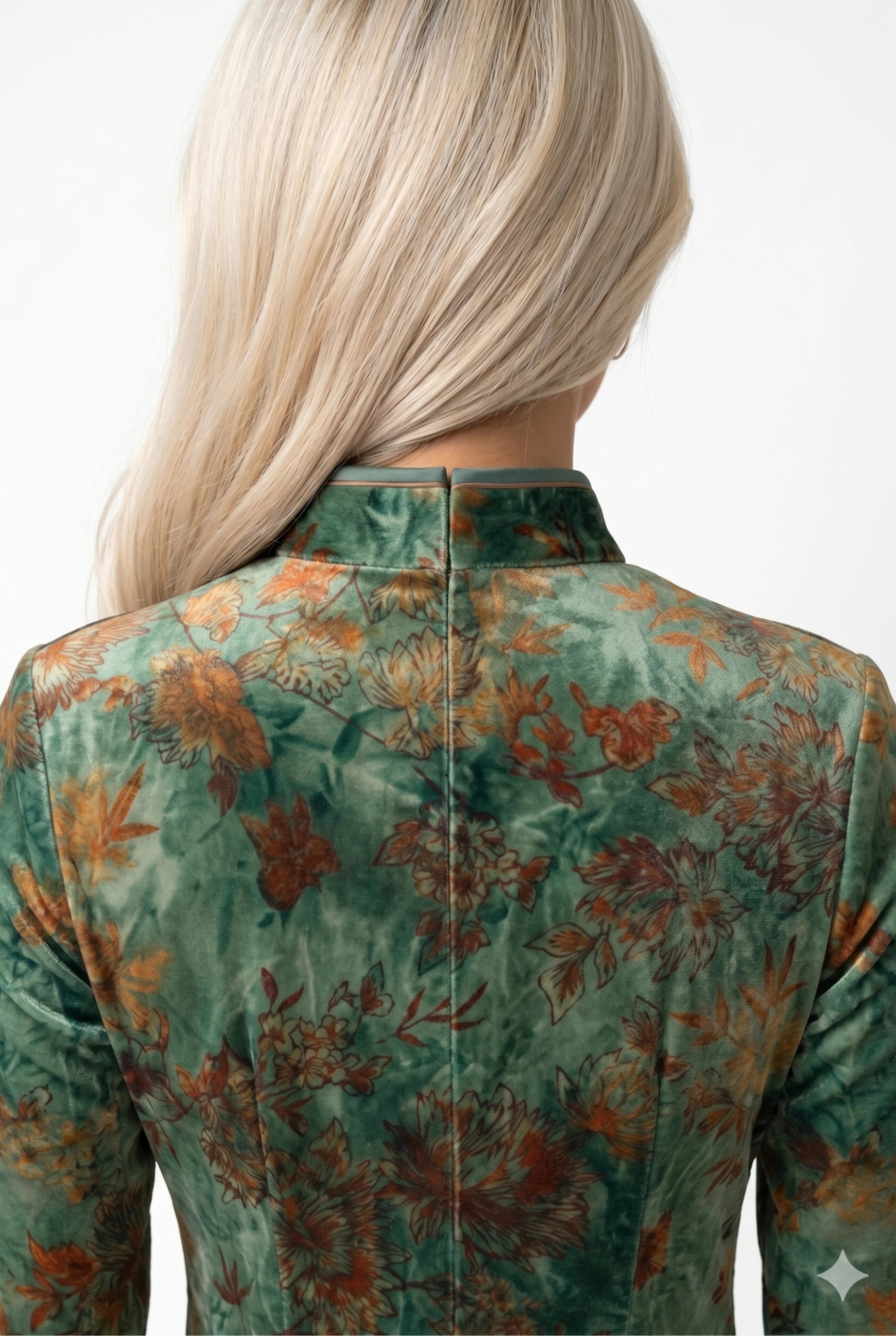 Close-up back view showing the high mandarin collar structure and zipper on the green floral velvet dress