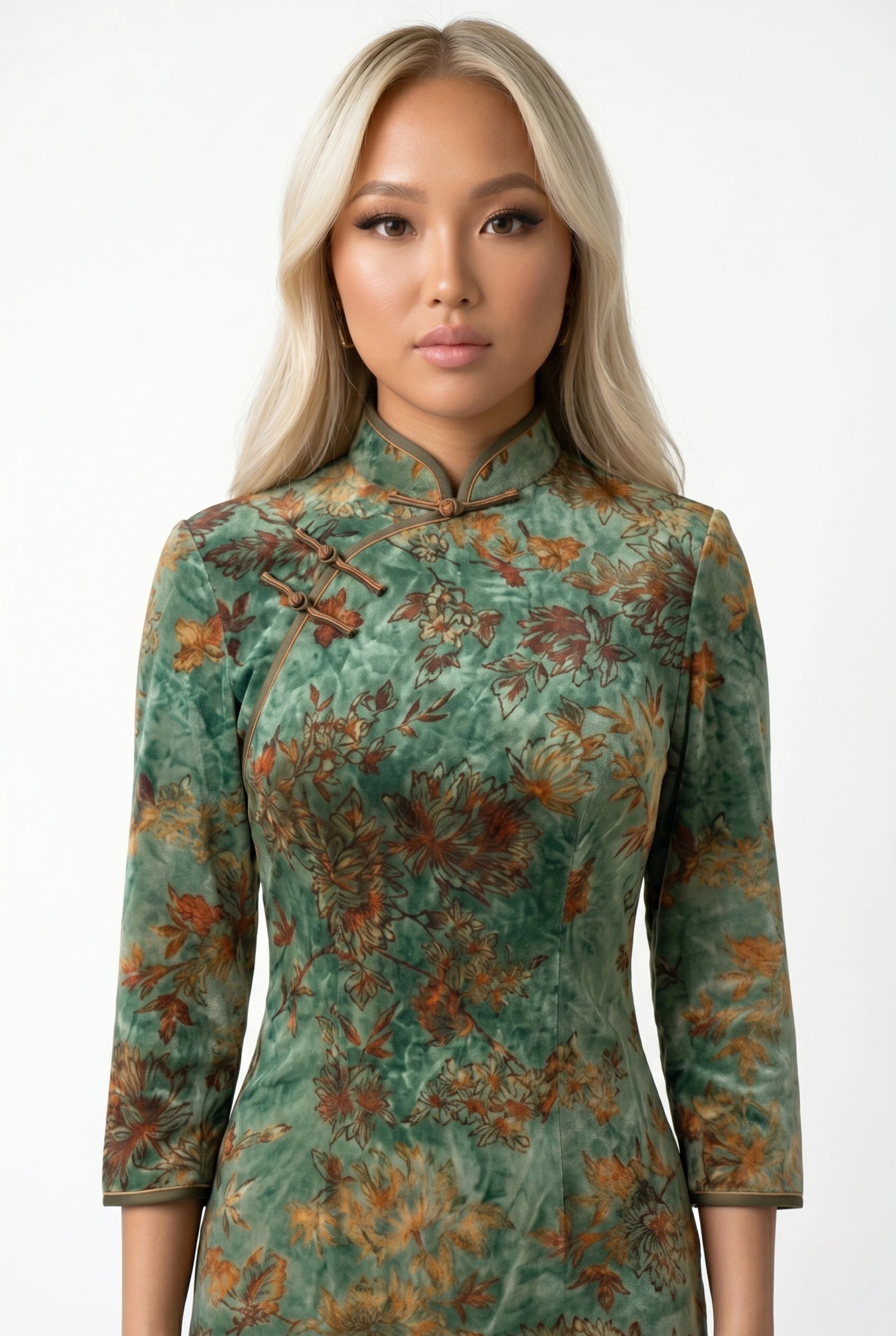 Close-up front view highlighting the high mandarin collar and intricate vintage green floral pattern on the velvet bodice