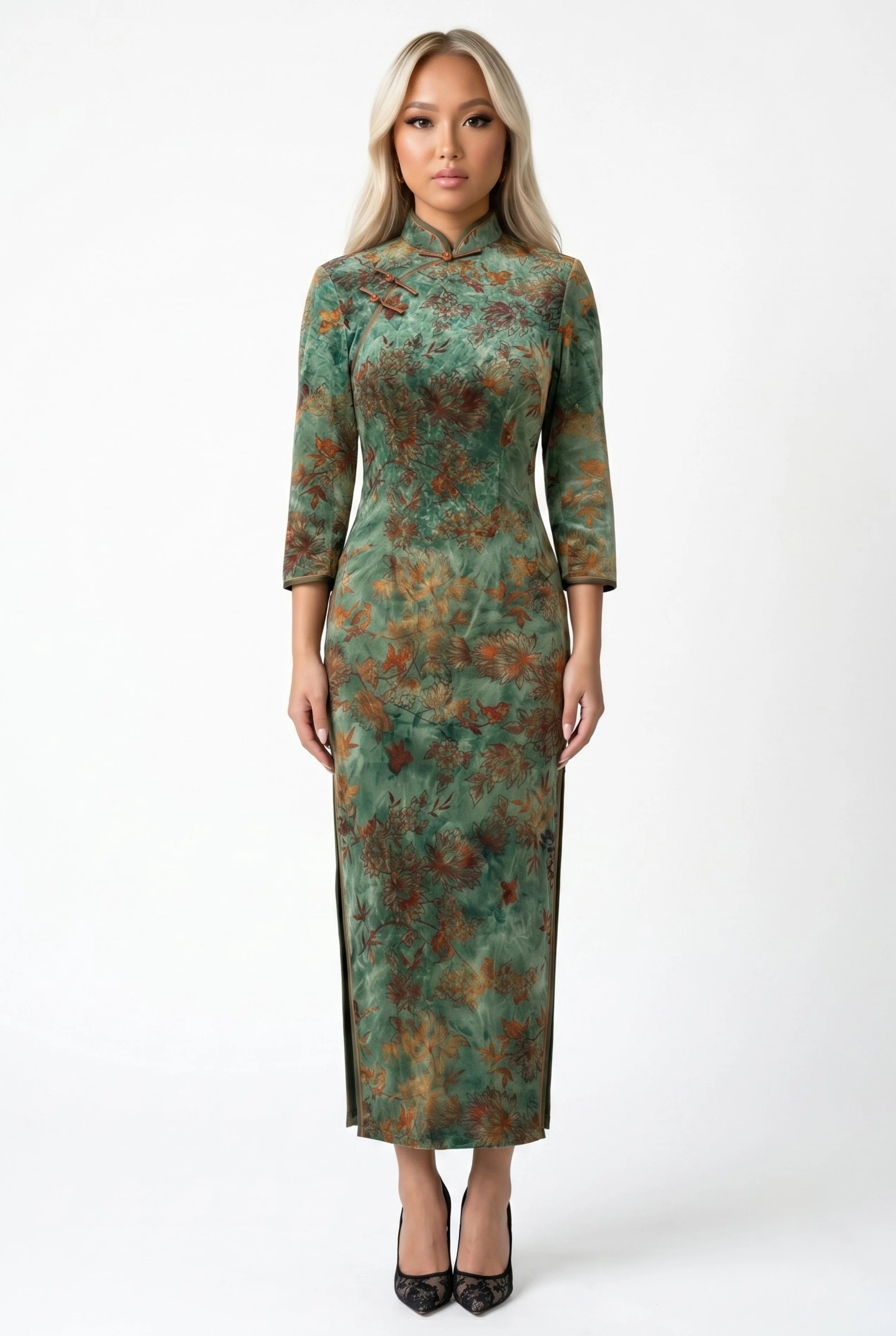 Front full-length view of a green floral velvet Chinese traditional vintage qipao dress with three-quarter sleeves