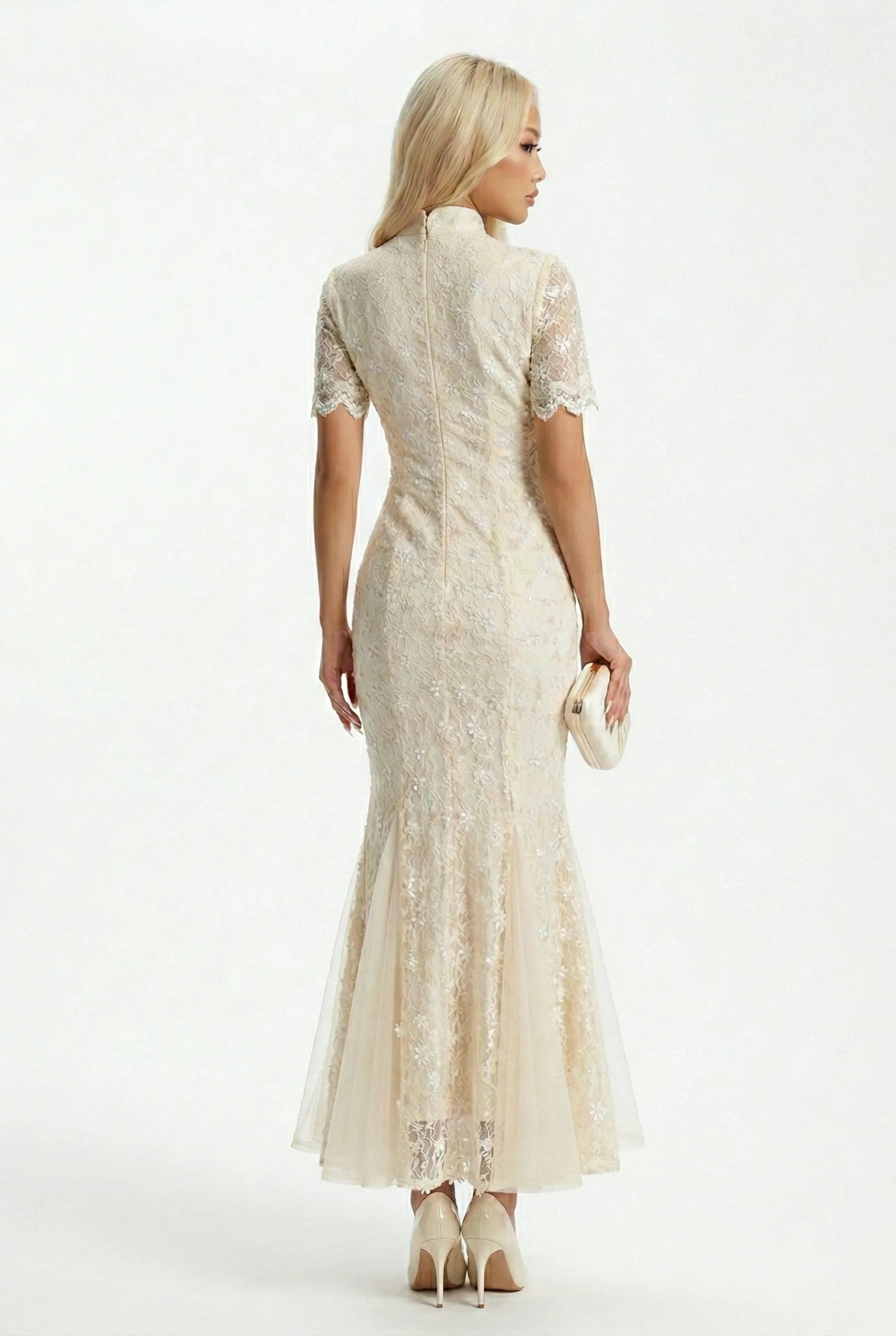 Maison Hua cream lace cheongsam, back view