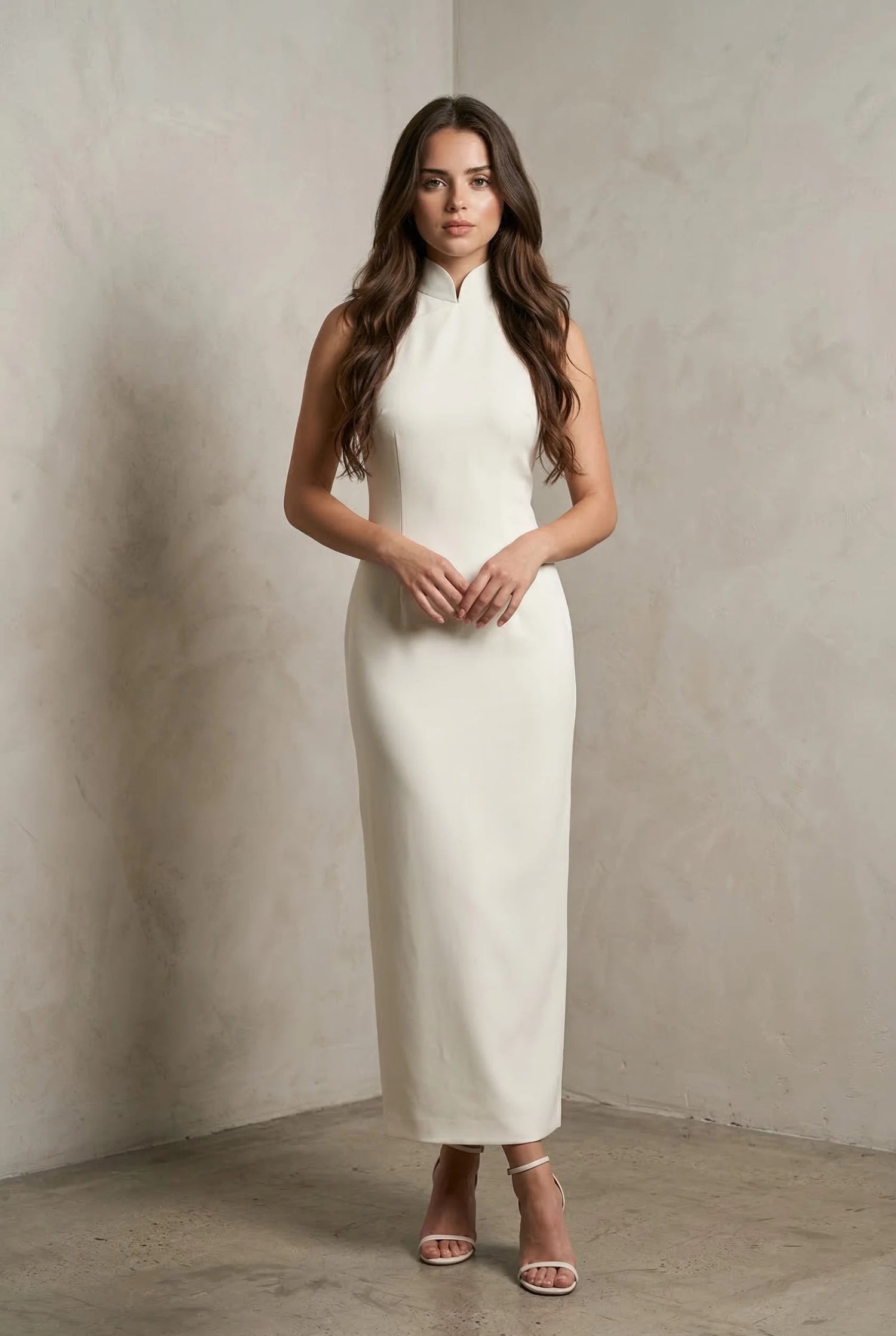 Elegant white qipao demonstrating a clean and serene aesthetic, illustrating the cultural evolution of the white cheongsam in modern fashion