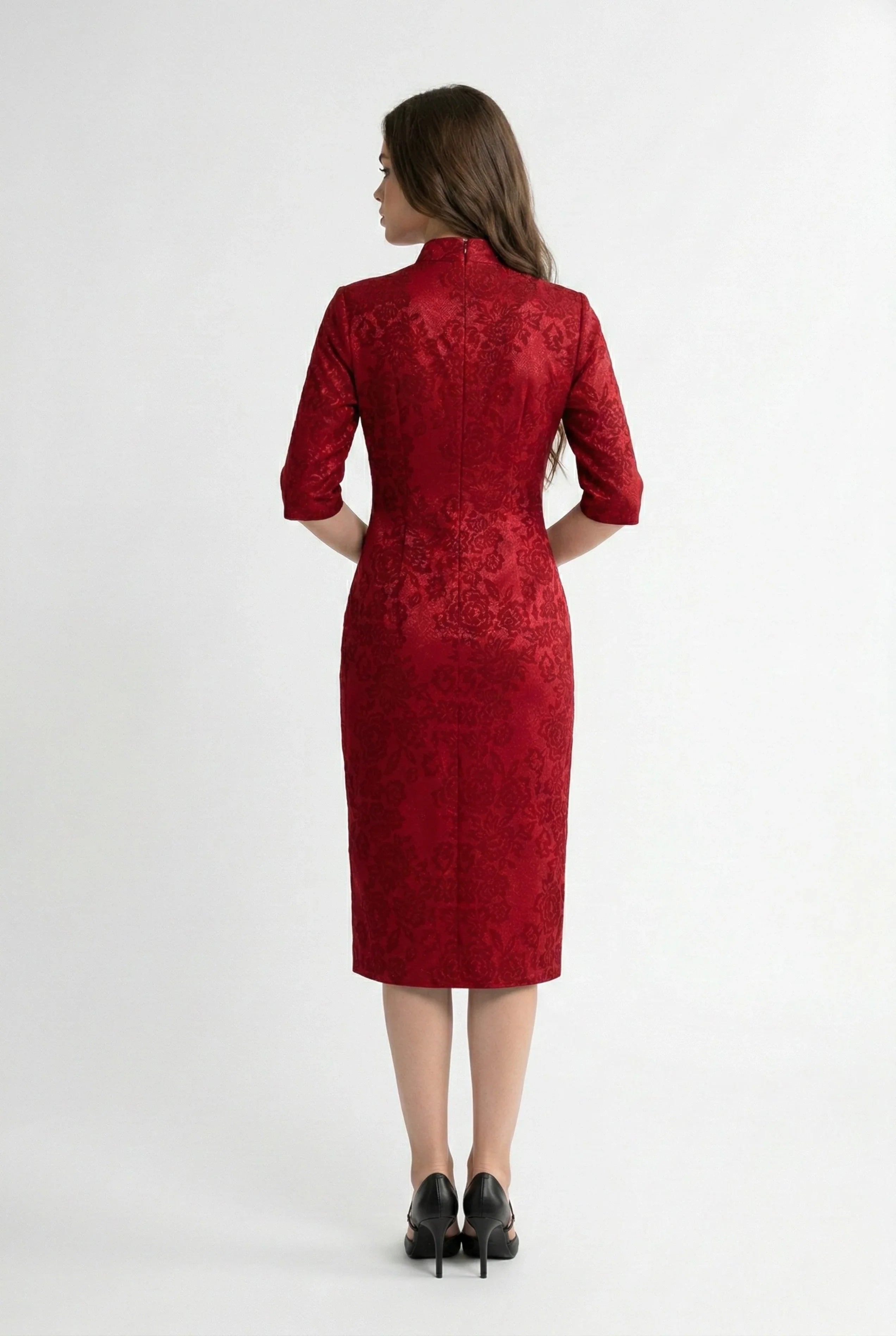 Maison Hua dark red floral cheongsam, tailored back view