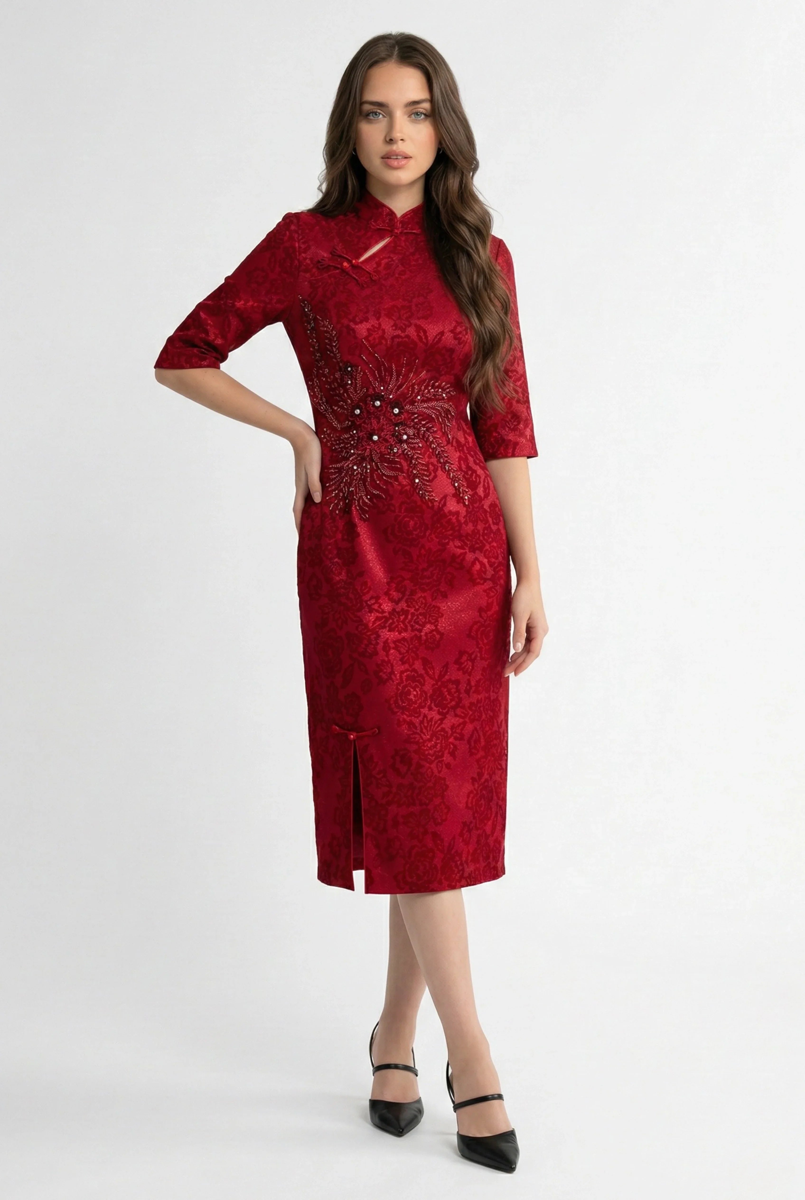 Maison Hua dark red floral qipao with 3/4 sleeves, front view
