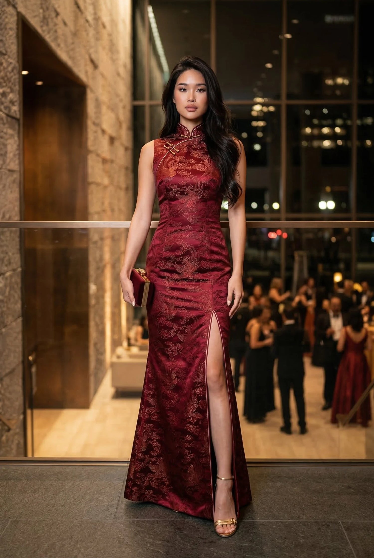 Elegant red floral prom chinese dress with a high slit and high-density textile, illustrating the bridge between traditional heritage and modern evening aesthetics by Maison Hua