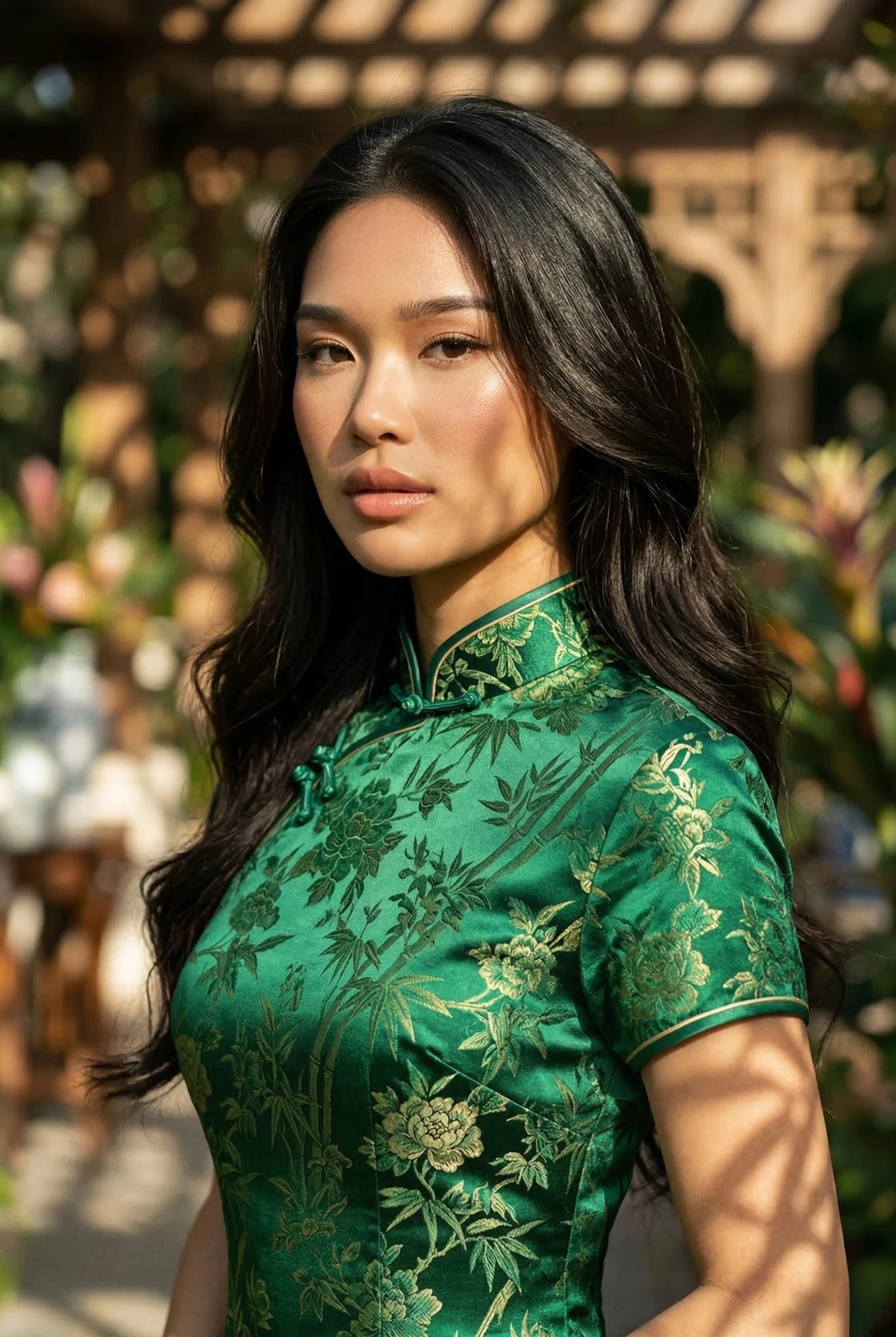 Emerald green high-density silk brocade qipao with gold floral patterns by Maison Hua, representing the jade aesthetic for formal garden receptions