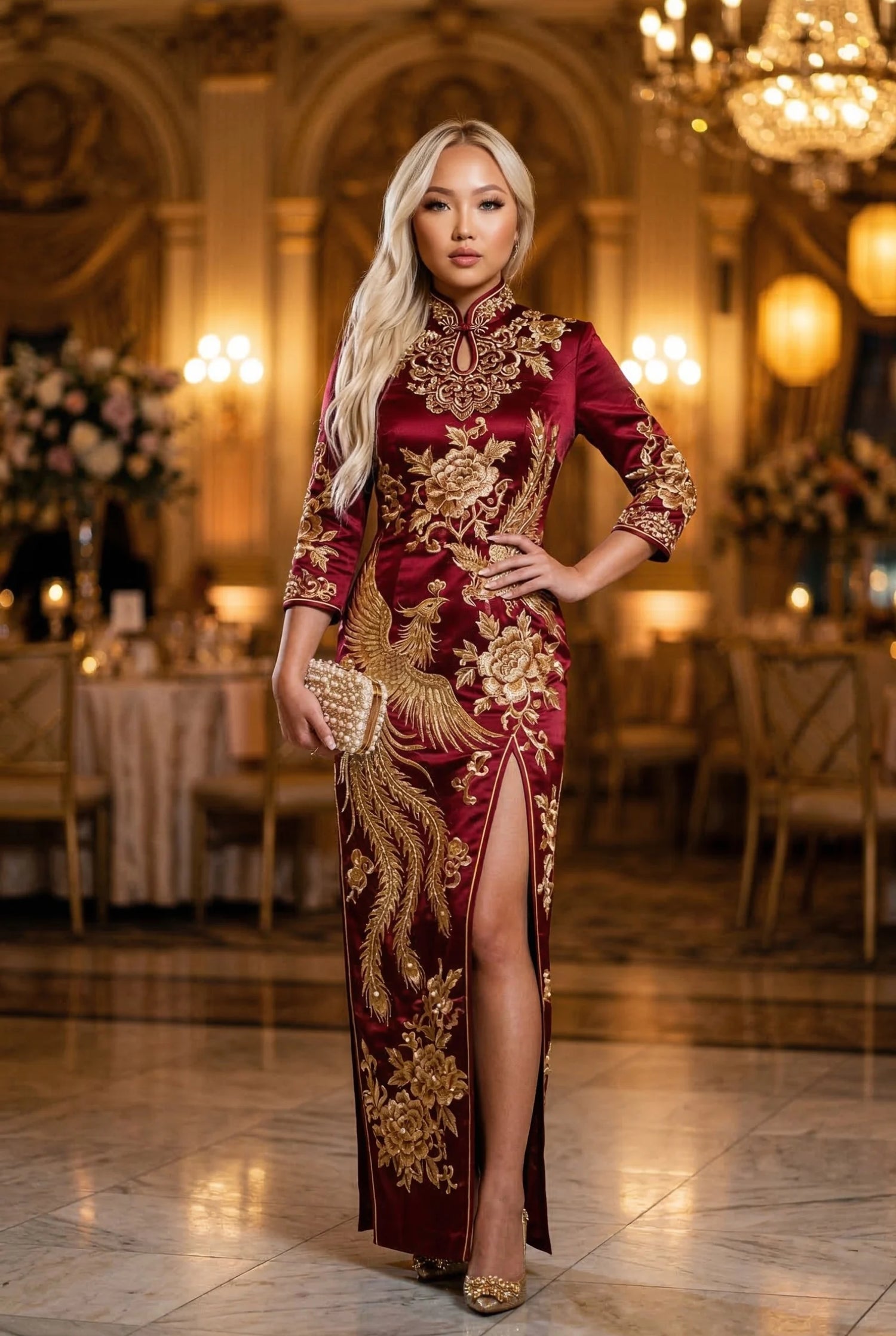 Elegant burgundy cheongsam wedding dress with intricate gold floral and phoenix embroidery, demonstrating a sharp profile for formal banquets by Maison Hua