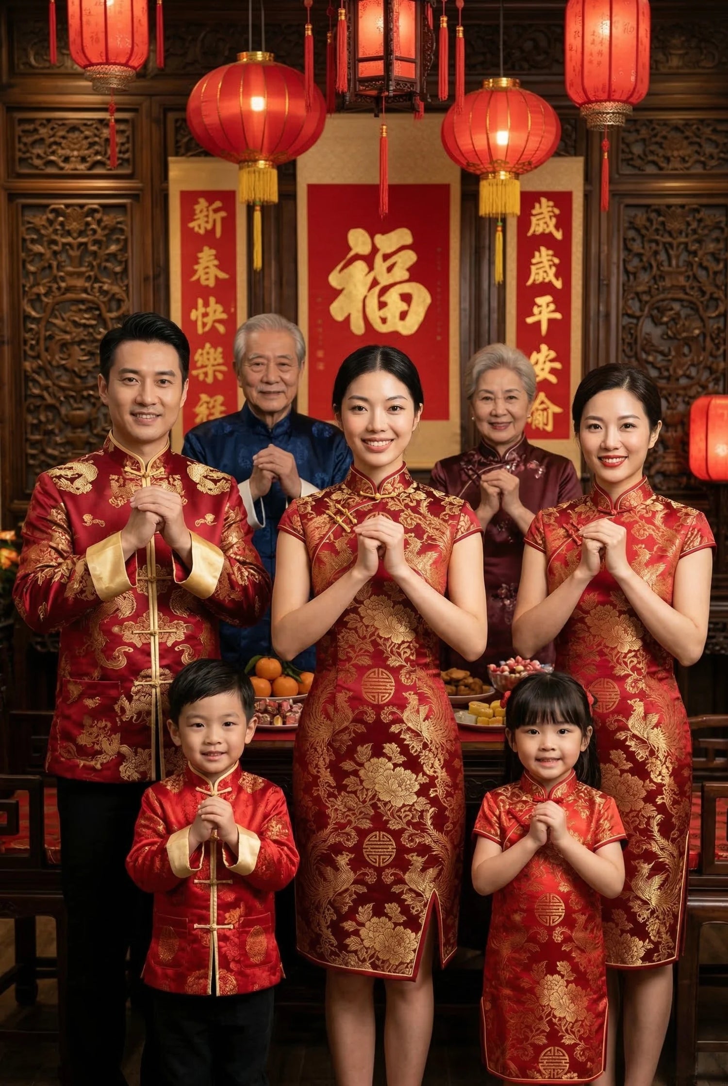Multi-generational family wearing matching red and gold Chinese New Year dresses and outfits with traditional weaving patterns, symbolizing cultural continuity and heritage by Maison Hua
