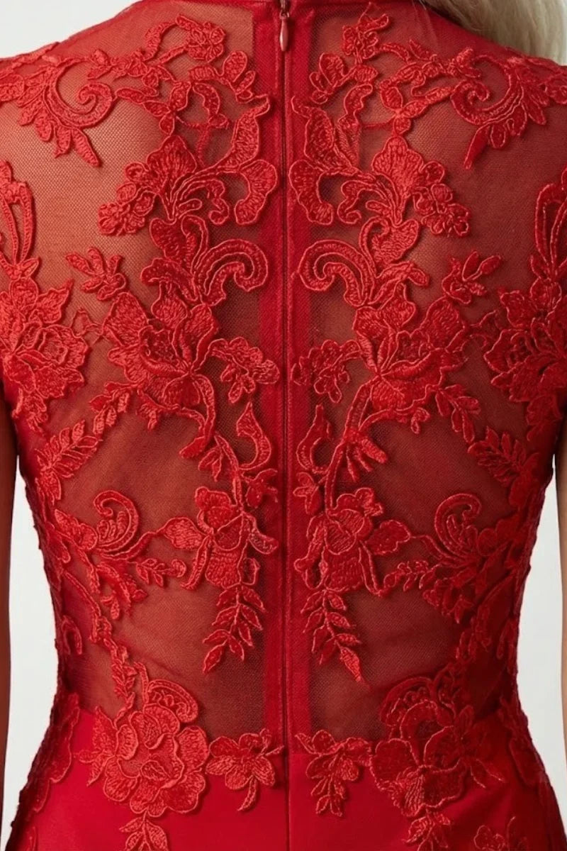 Close-up of floral lace pattern on the back of a red cheongsam