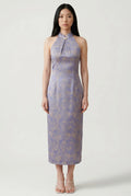Full front view of a lavender floral brocade Qipao dress featuring a modern halter neckline and form-fitting silhouette.
