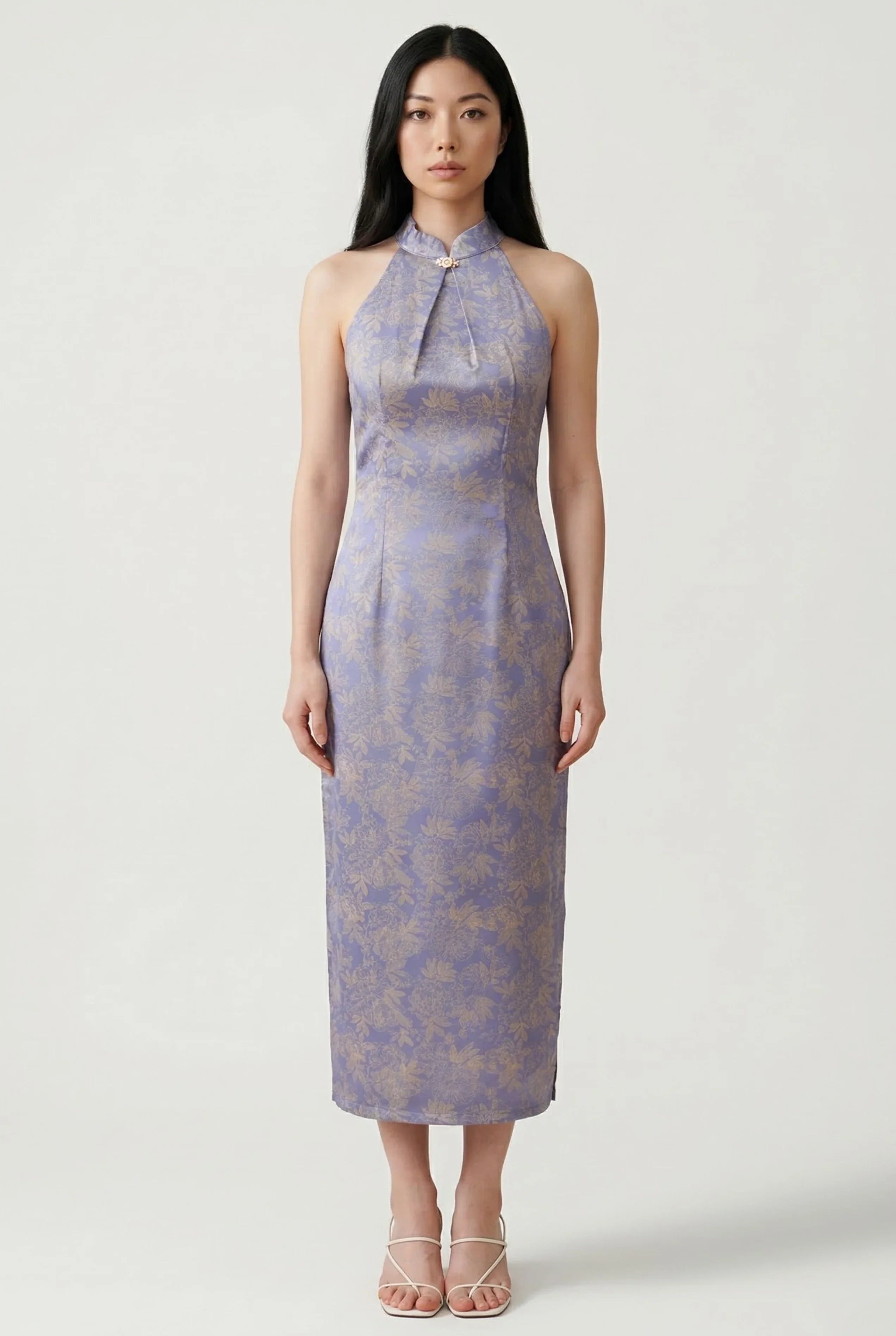 Full front view of a lavender floral brocade Qipao dress featuring a modern halter neckline and form-fitting silhouette.