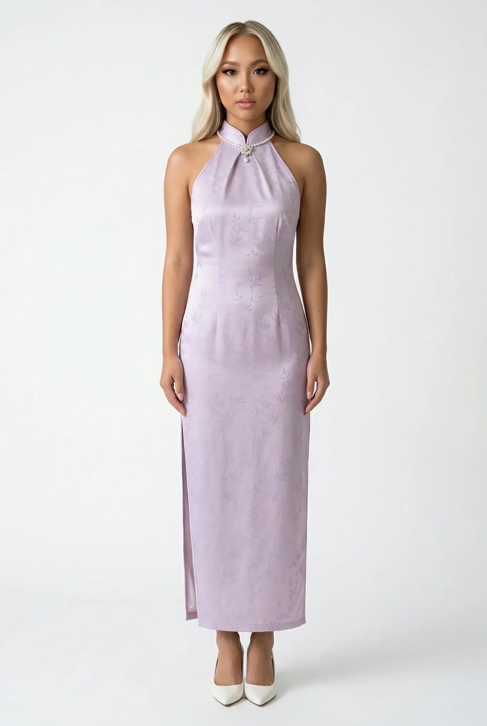 Full-length front view of an elegant lavender halter-neck Qipao dress featuring a pearl-embellished collar.