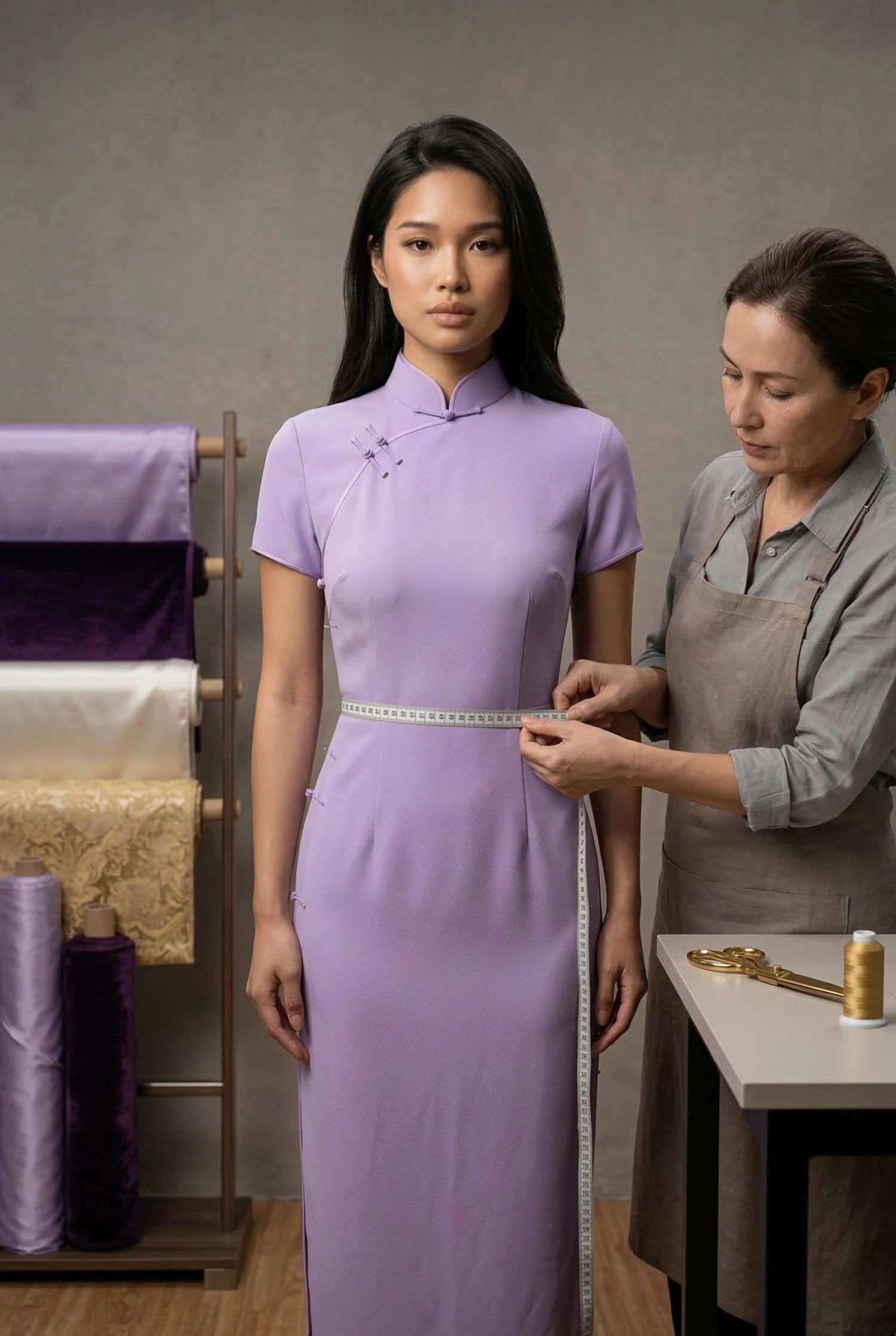 A professional tailor measuring the waist of a model wearing a lavender purple qipao by Maison Hua, illustrating the technical precision required for non-stretch heritage tailoring