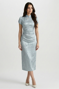 Maison Hua light blue bird jacquard modern qipao, front view
