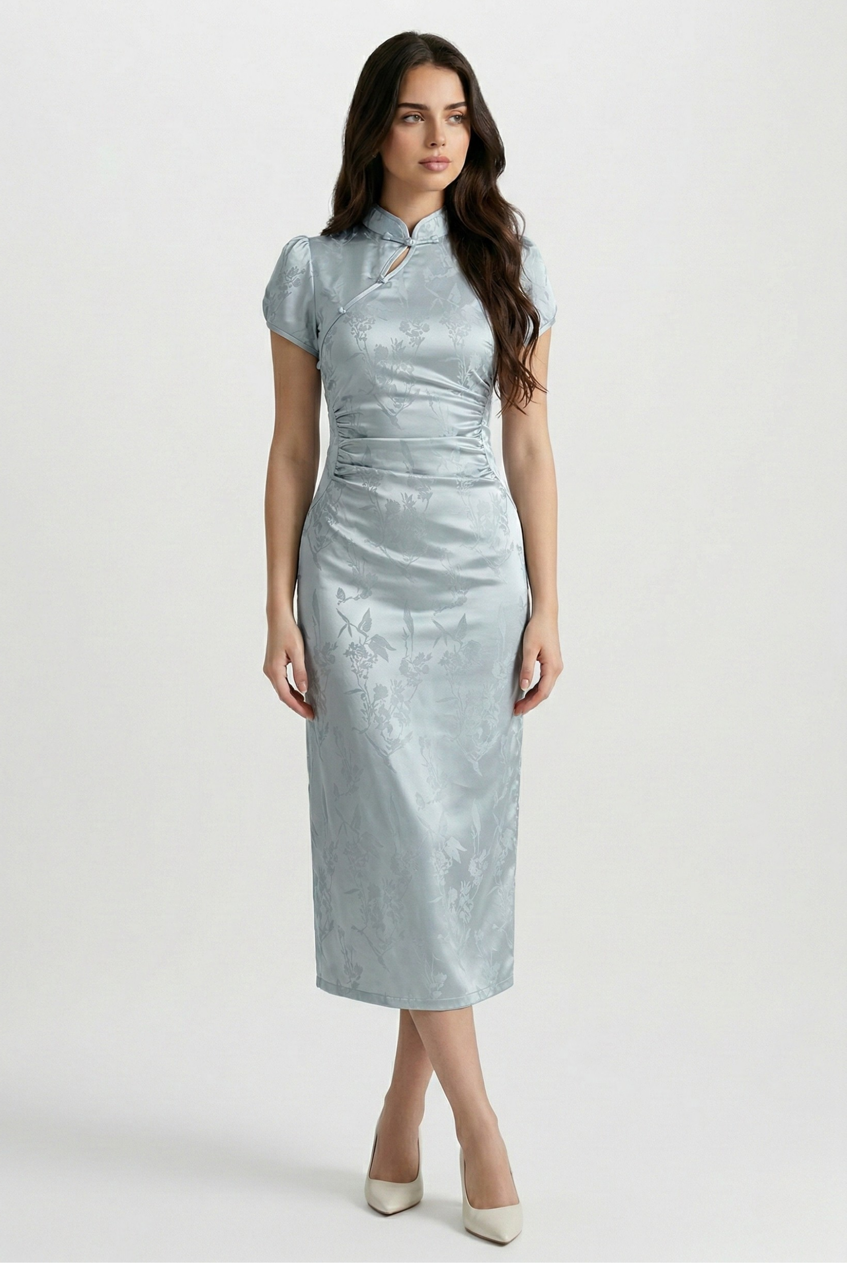 Maison Hua light blue bird jacquard modern qipao, front view
