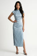 Front full-length view of a light blue satin cheongsam dress featuring subtle jacquard patterns and black heels
