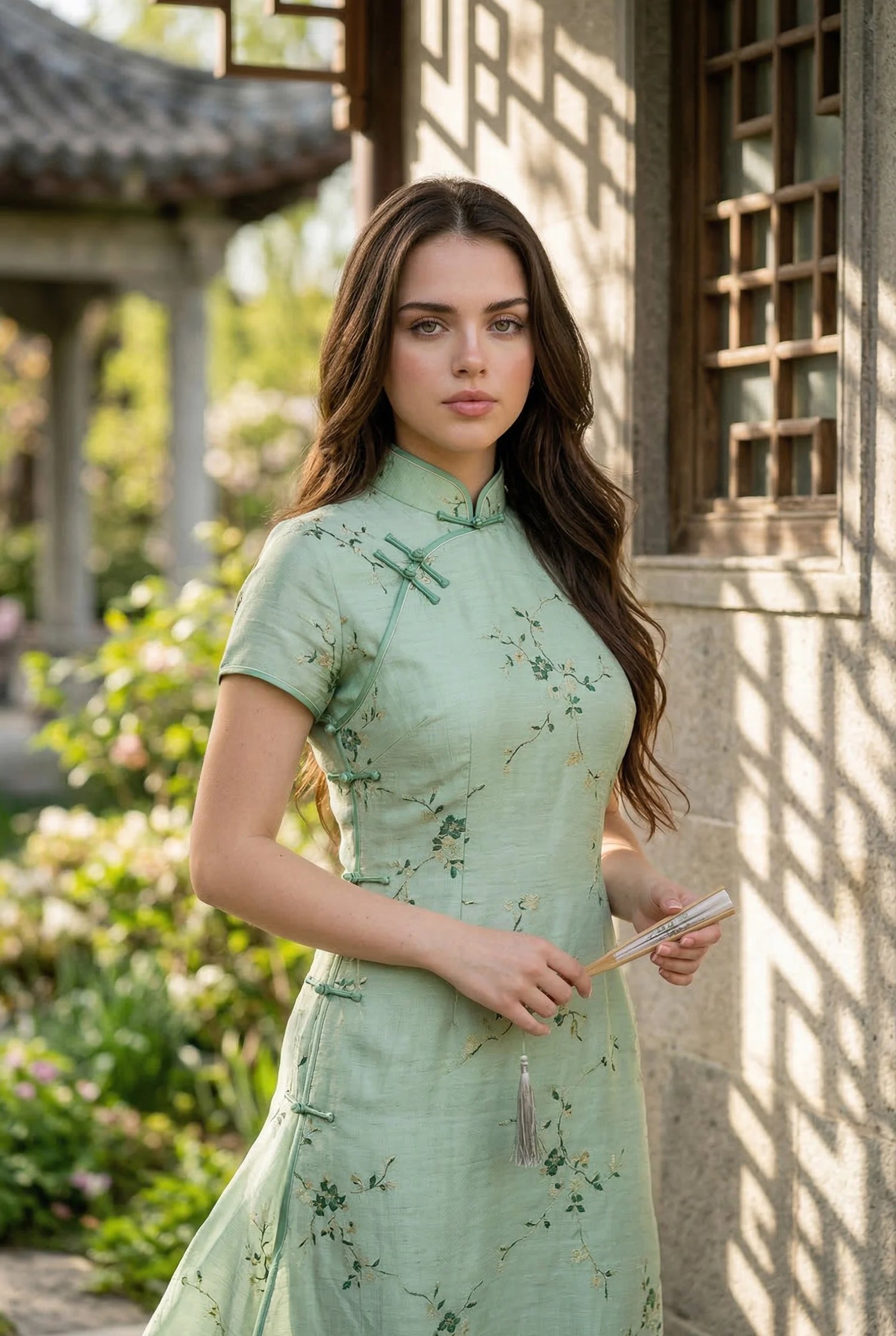 Model in a light green linen-silk blend qipao by Maison Hua, featuring a high Mandarin collar and delicate floral motifs, designed for breathability during spring festivals