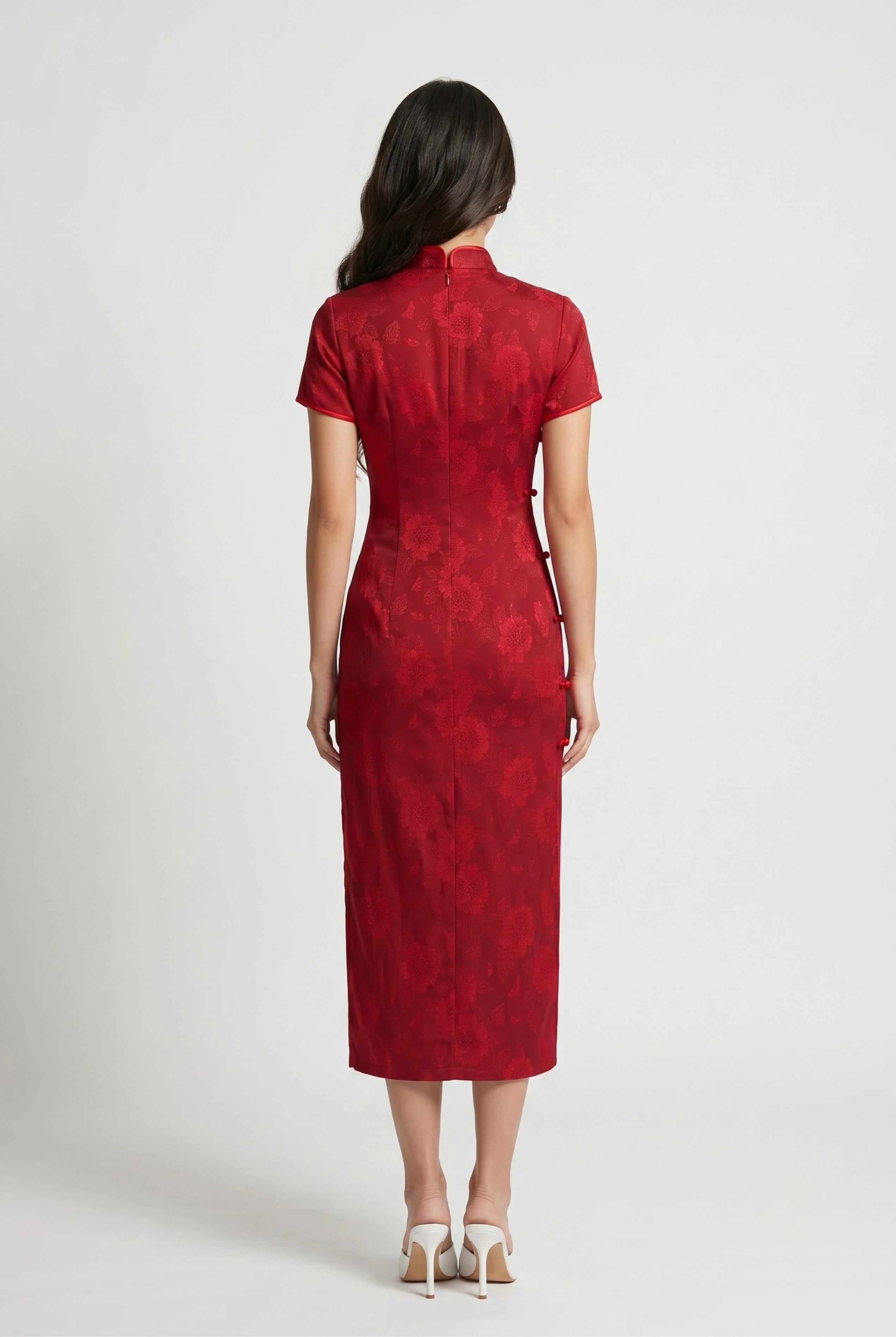 Full-length back view of the long red cheongsam dress showing the tailored midi-length fit