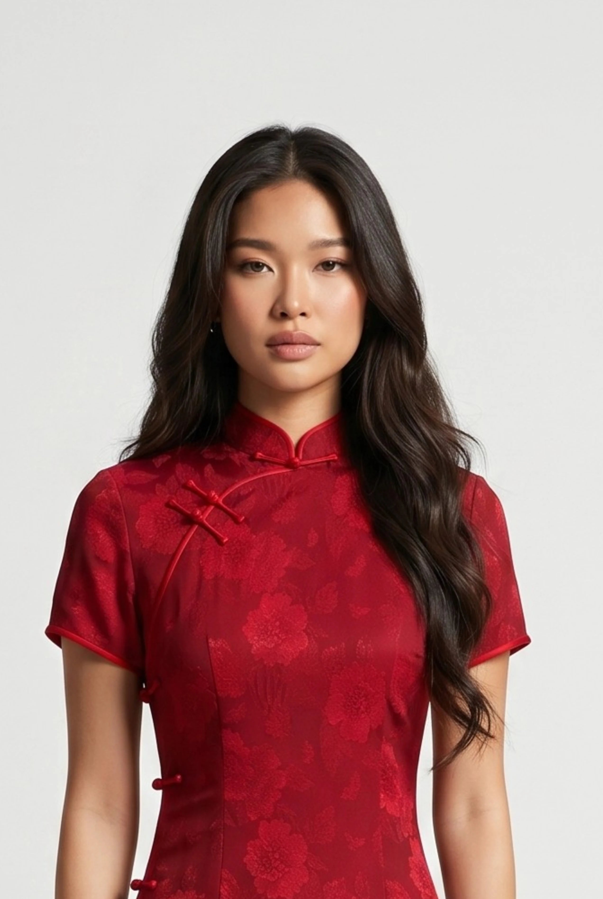 Close-up front view highlighting the mandarin collar, delicate frog button closure, and floral jacquard texture