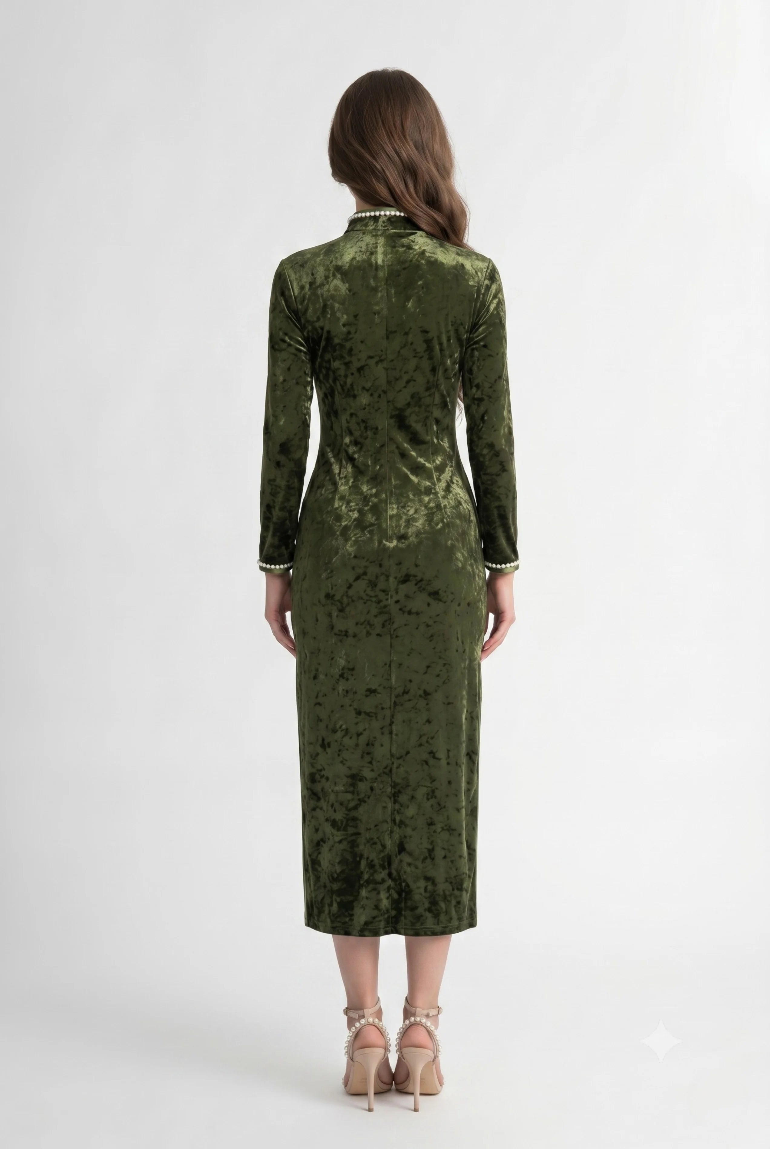 Full-length back view of the long sleeve olive green velvet Chinese dress showing the tailored midi silhouette