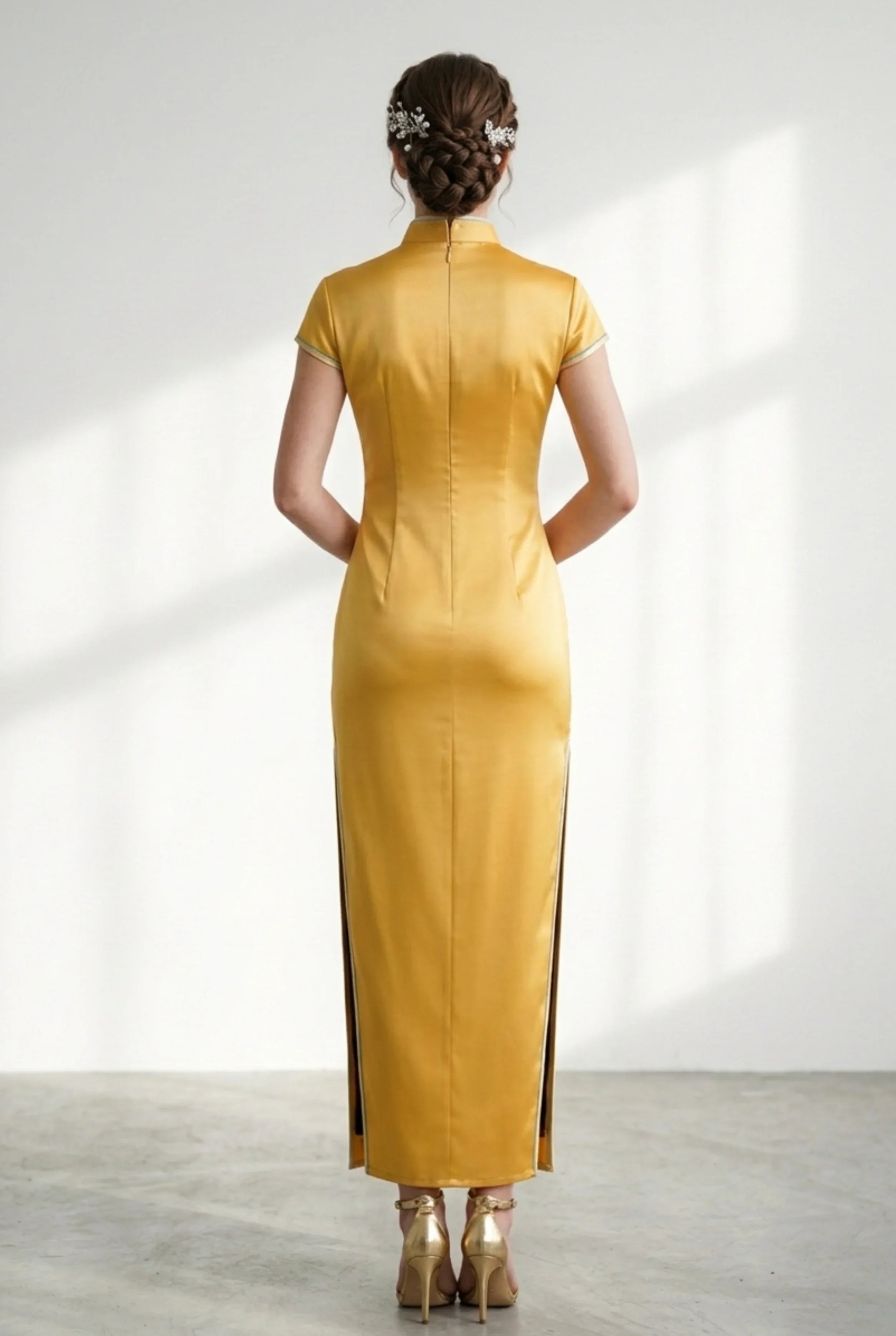 Full back view of the yellow silk-style cheongsam dress.