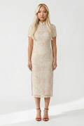 Maison Hua beige floral embroidered qipao, front view