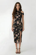 Maison Hua black floral cold-shoulder qipao with high side slit, front view