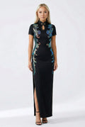 Maison Hua black modern qipao with colorful floral embroidery, front view
