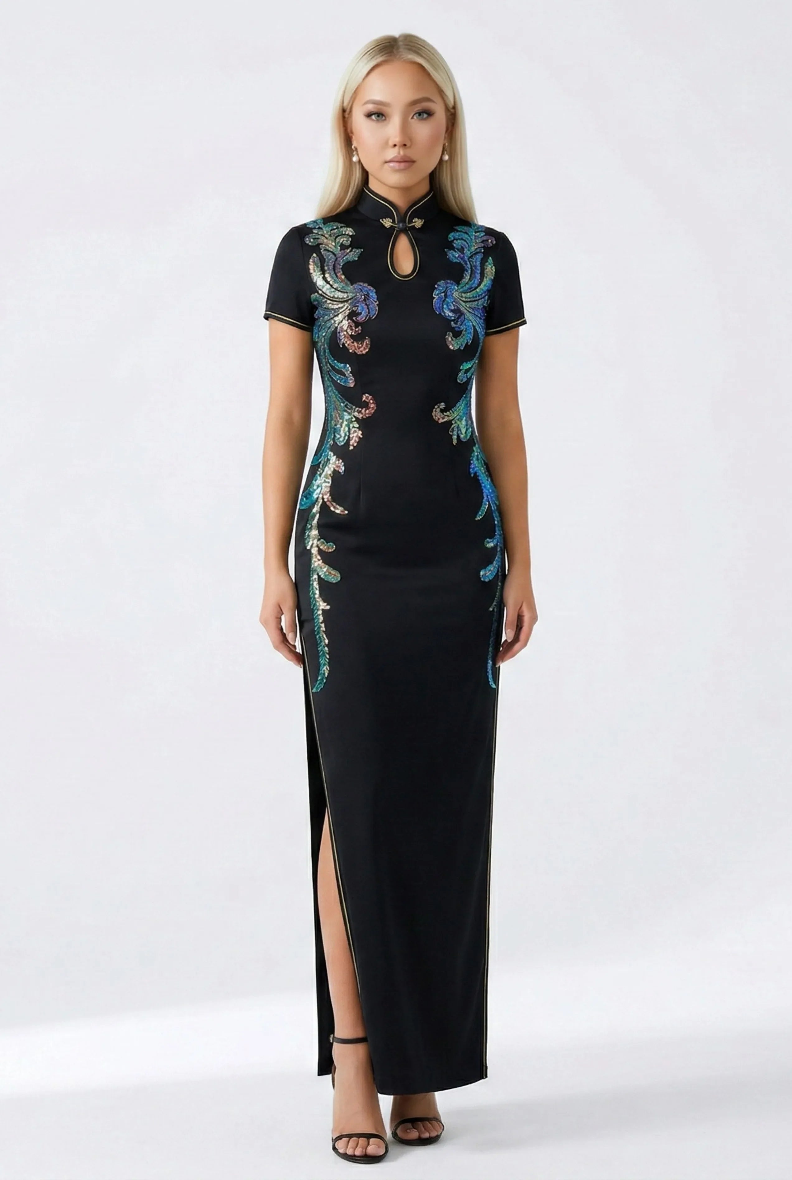 Maison Hua black modern qipao with colorful floral embroidery, front view