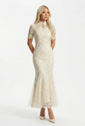 Maison Hua cream lace mermaid qipao dress, front view
