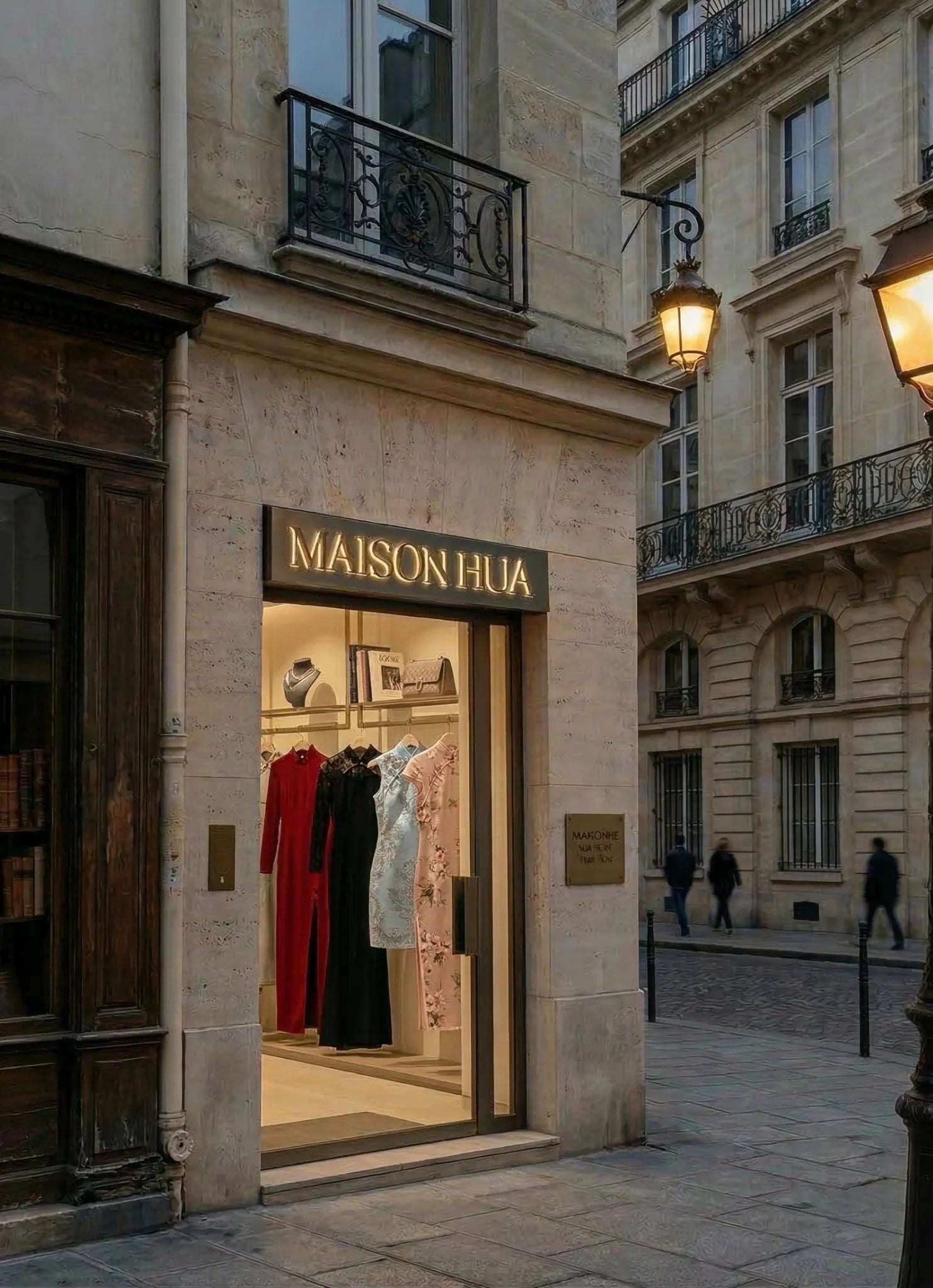 The illuminated storefront of the Maison Hua luxury boutique, showcasing a curated collection of traditional and modern cheongsam dresses in a classic stone building, representing the brand's bridge between eras