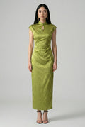 Maison Hua olive green floral jacquard qipao dress, full front view
